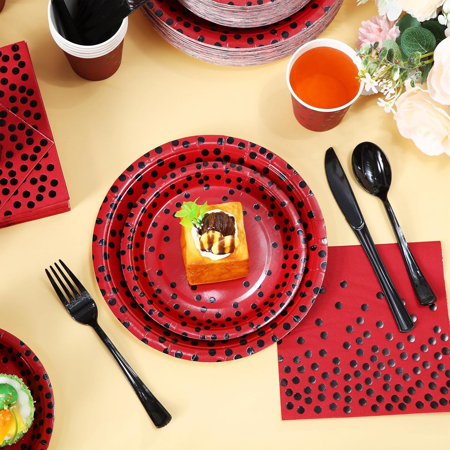 560 Pcs Red and Black Party Supplies for 80 Guests Disposable Tableware Set Red and Black Paper Plates Napkins Cups Black Plastic Forks Knives Spoons for Graduation Birthday Ladybug Party