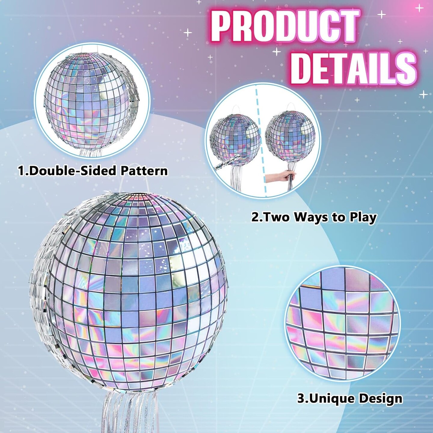 Disco Ball Pi&#xF1;ata - Disco Party Decoration for Adult Birthday Party Supplies Hanging Disco Pi&#xF1;ata with Bat Blindfold Mirror Roller Skating Pull String, 12.2&#x201D; x 12.2&#x201D;