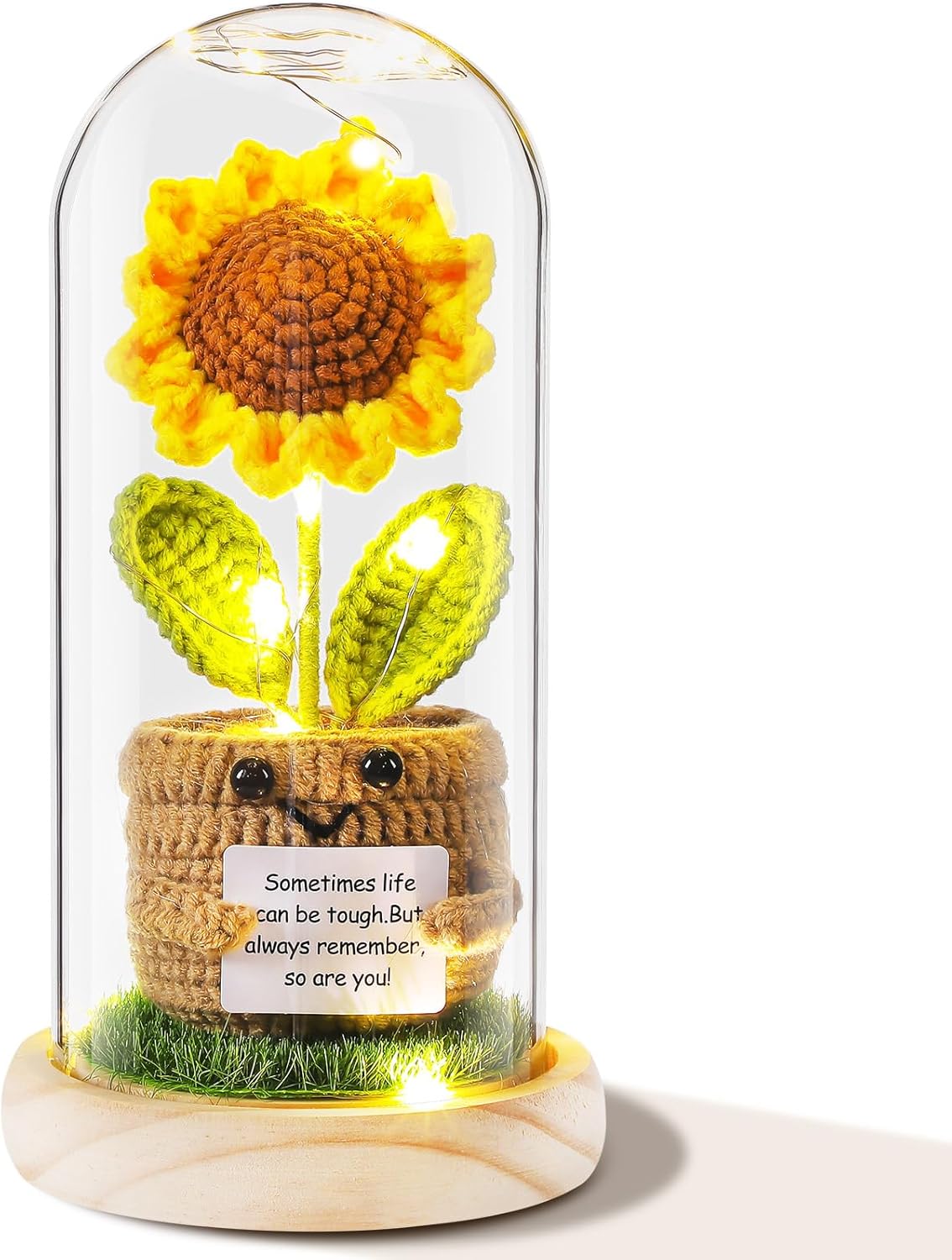 Sunflower Gifts for Women 9'' Crochet Sunflower Gifts for Her Wife Girlfriend Mom Light up Flower in Glass Dome Gift for Birhday
