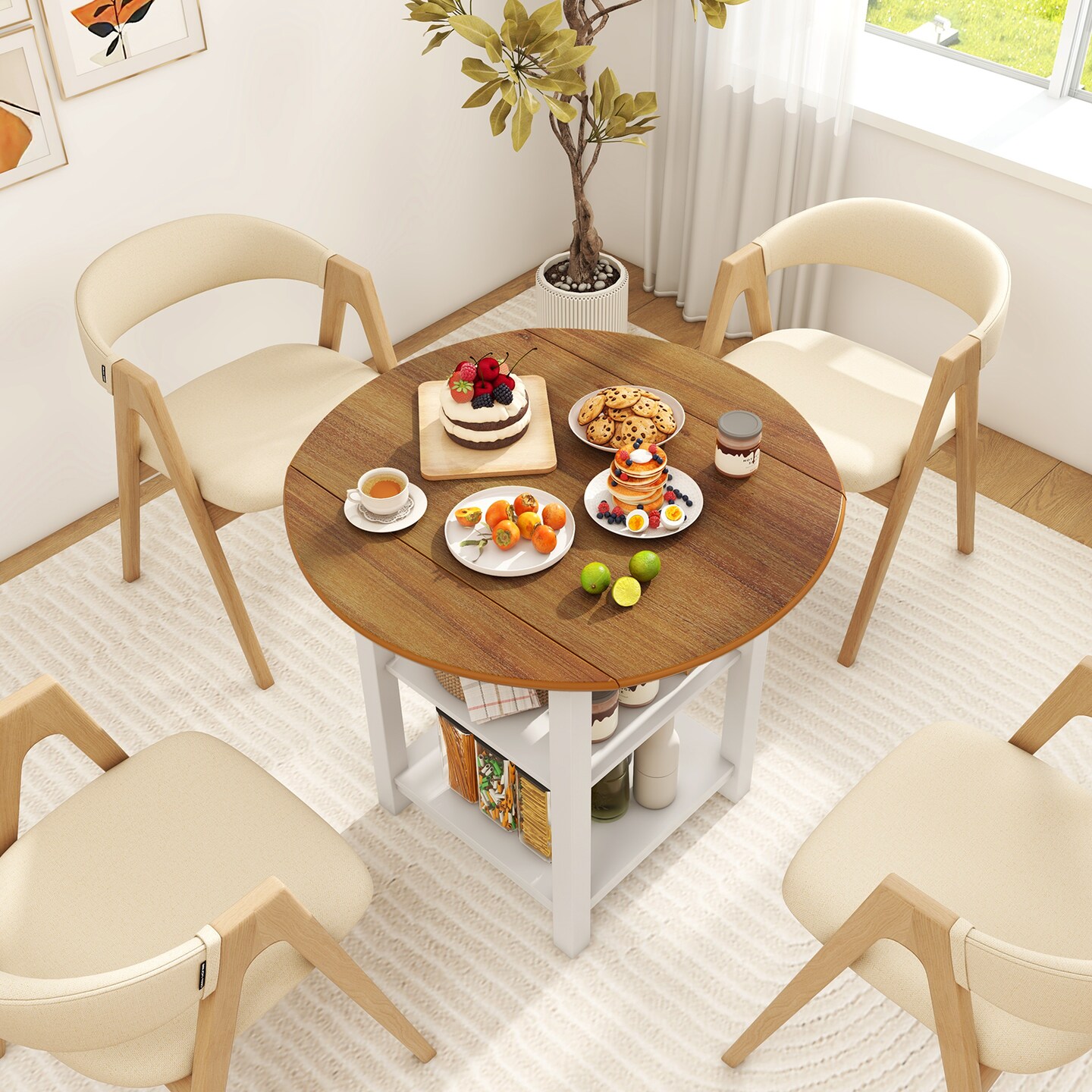 White Folding Dining Table with Storage and Rubber Wood