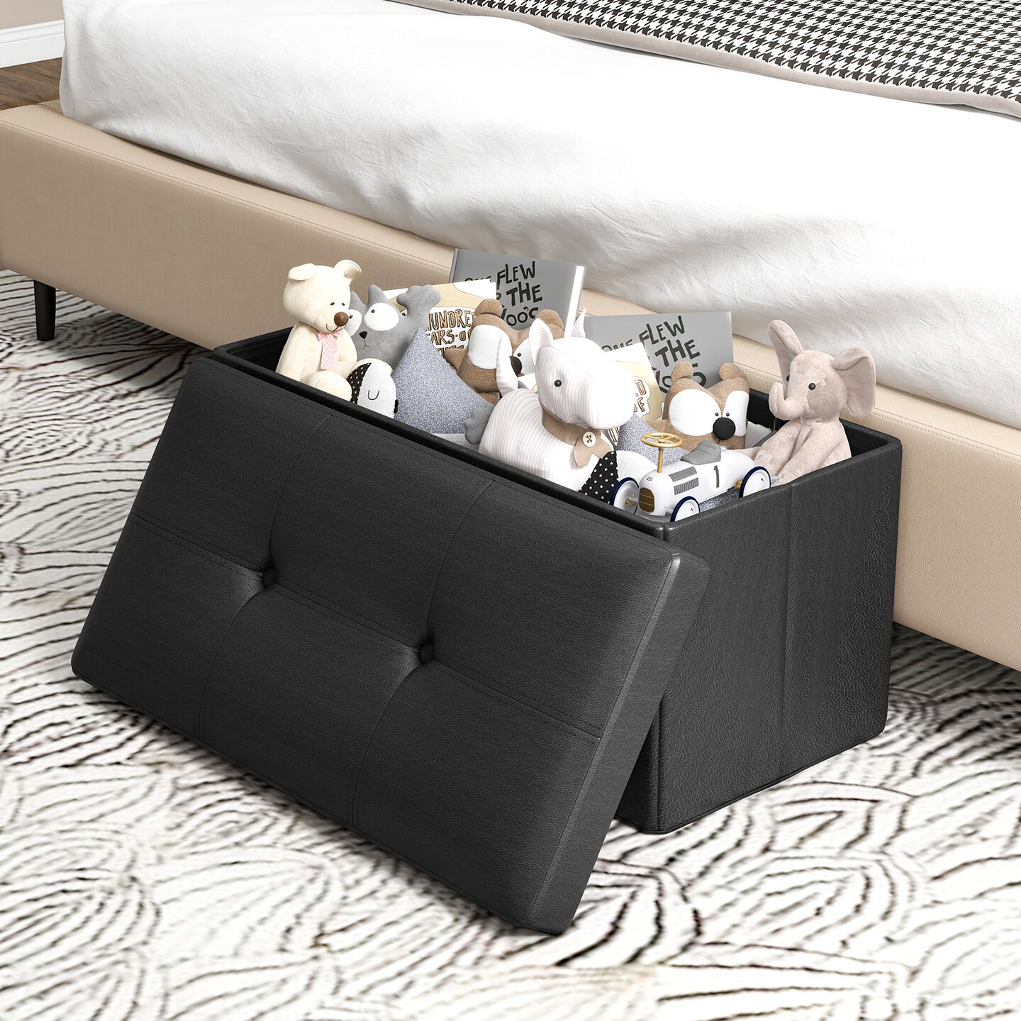 Black Rectangle Foldable Upholstered Storage Footstool with PVC Leather Surface and Cushioned Seat