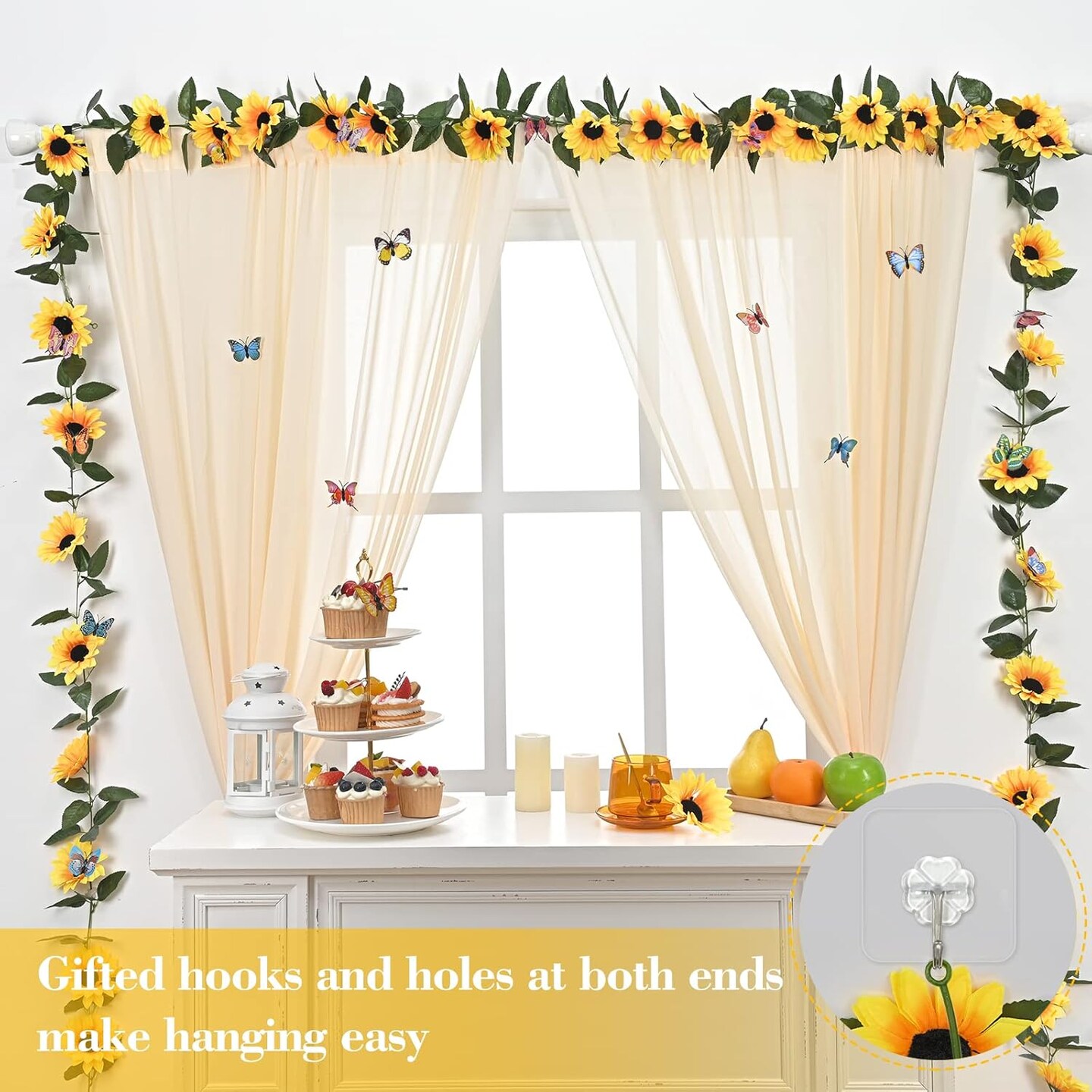 2 Pack Summer Artificial Sunflower Garlands &#x2013; Bright Yellow Floral Vines with Butterflies &#x26; Green Leaves for Summer Wedding, Party, and Outdoor Decor