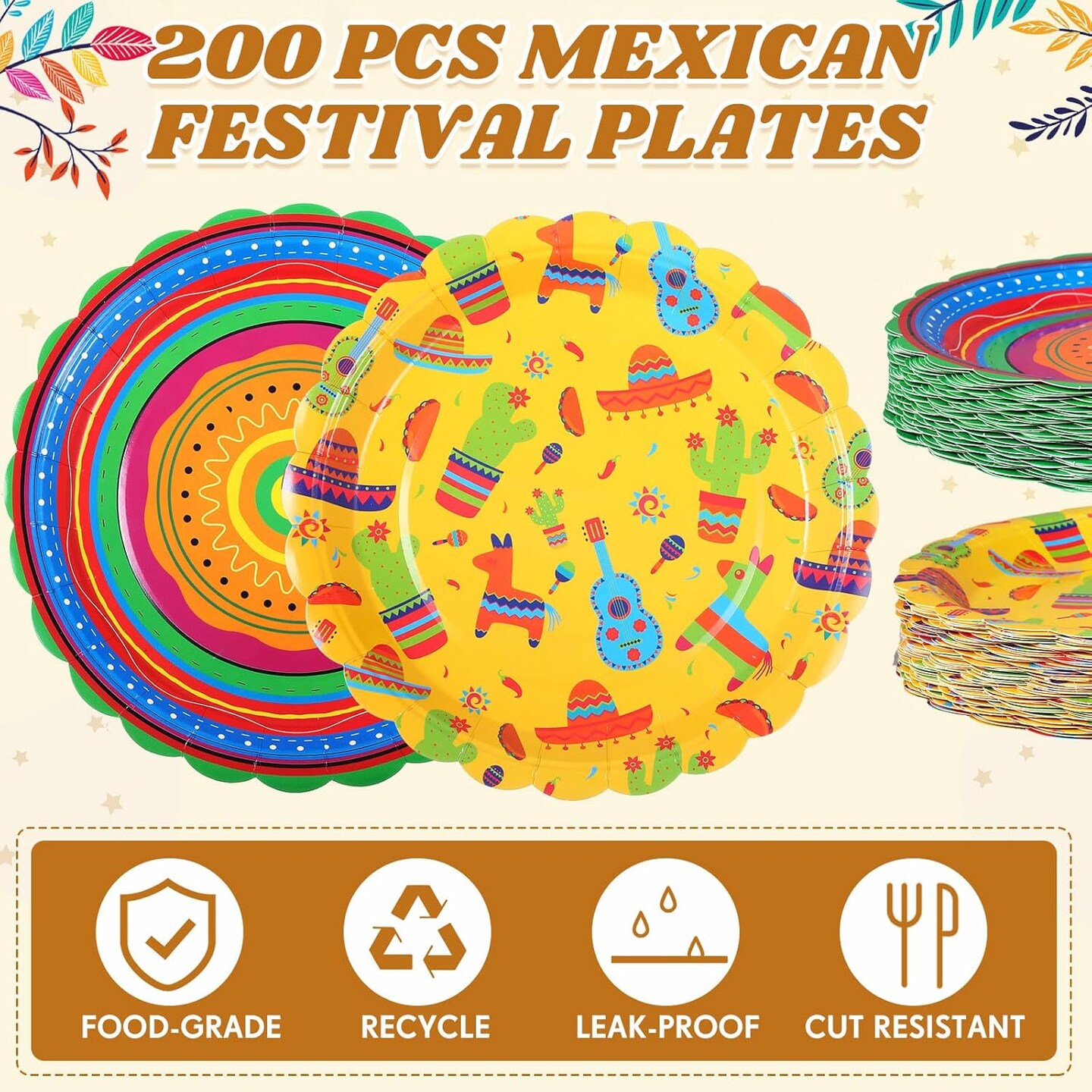 100 Pack 9 Inch Mexican Paper Plates Fiesta Dinner Plates Cinco De Mayo Disposable Tableware for Mexican Taco Tuesday Birthday Party Decorations Supplies(Classic)
