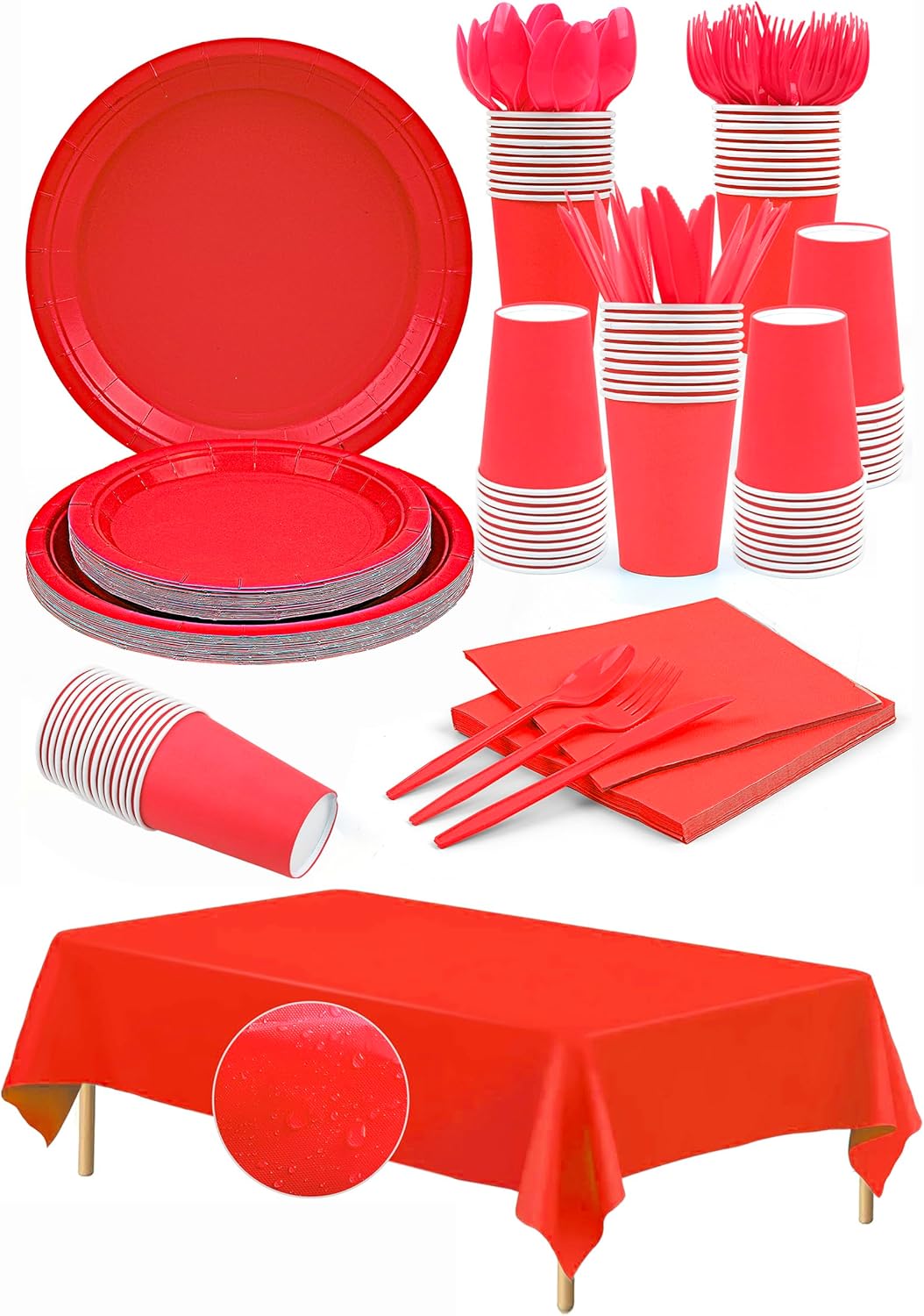 Red Disposable Party Tableware Set - 168pc Premium Paper Plates, Napkins, Forks &#x26; Tablecloth for Birthday, Weddings, Celebrations