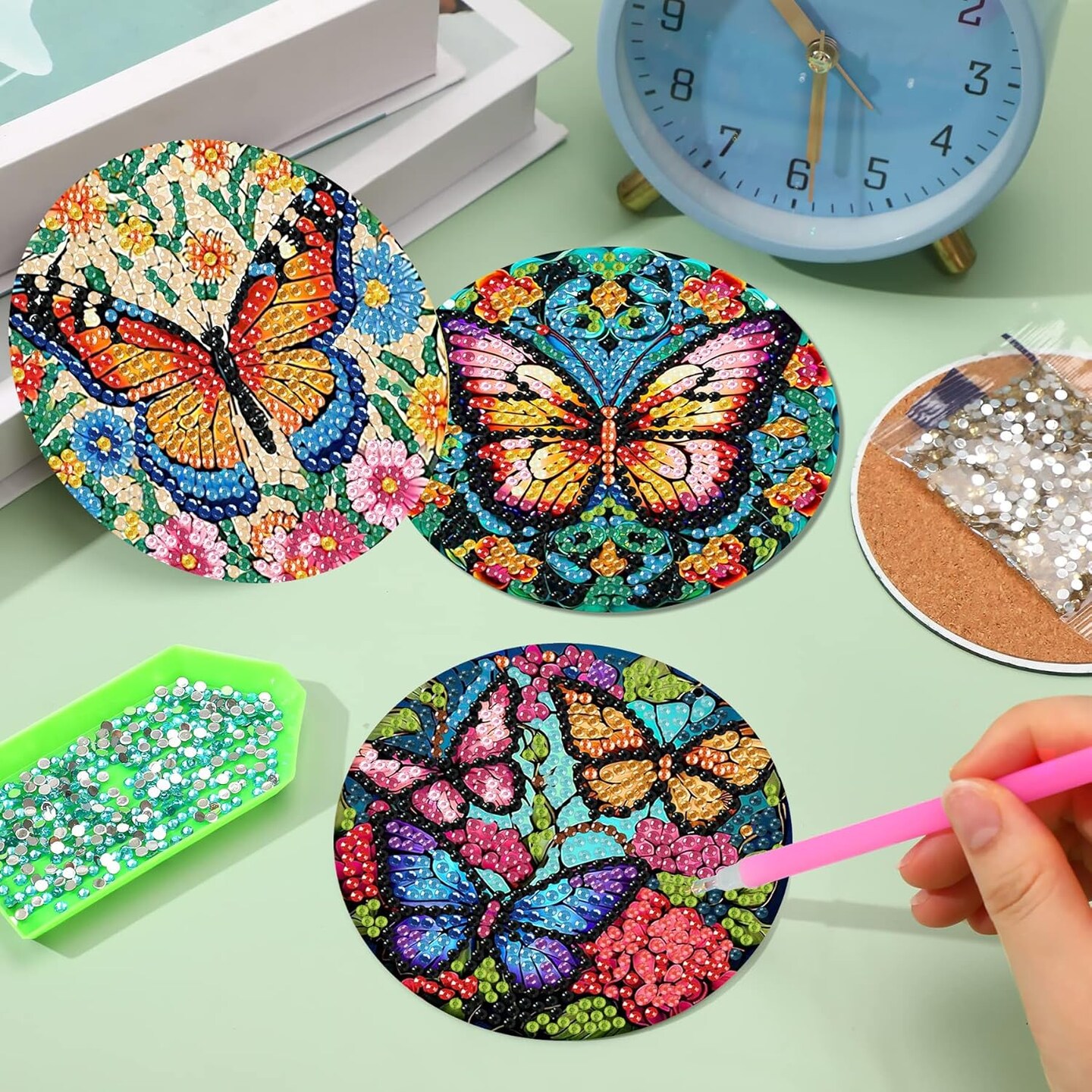 Diamond Painting Coasters Kits with Holder, DIY Butterfly Diamond Art Coaster Non Slip Coaster for Tabletop Protection 4x4 Inch