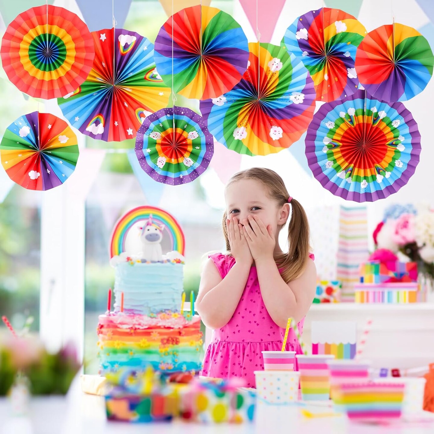 9 PCS Rainbow Hanging Decorations Paper Fans Rainbow Theme Classroom Decorations Paper Fans Colorful Rainbow Cloud Ceiling Wall Decor