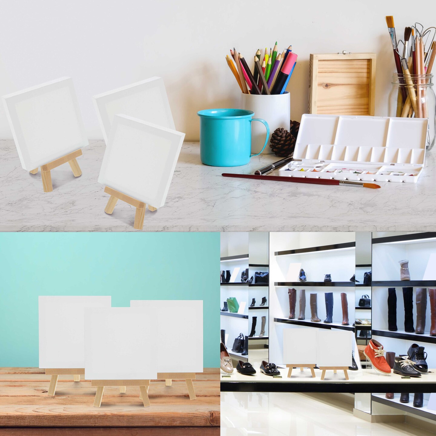 3&#x22; x 3&#x22; Stretched Canvas with 5&#x22; Mini Natural Wood Display Easel Kit, 12 Pack - Artist Tripod Tabletop Holder Stand - Kids Painting Party Oil Acrylic