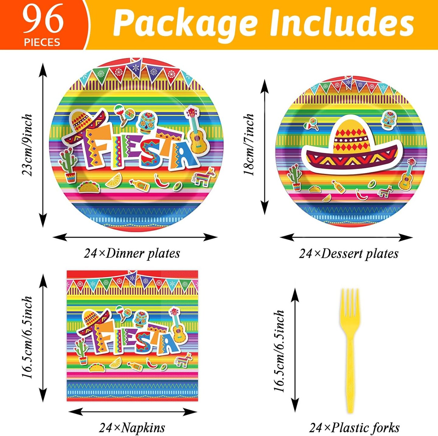 96 Pieces Fiesta Party Decorations Mexican Plates Tableware Set for Cinco De Mayo Party Decorations Supplies Mexican Themed Paper Dessert Plates Napkins Forks for 24 Guests Birthday Party Favors