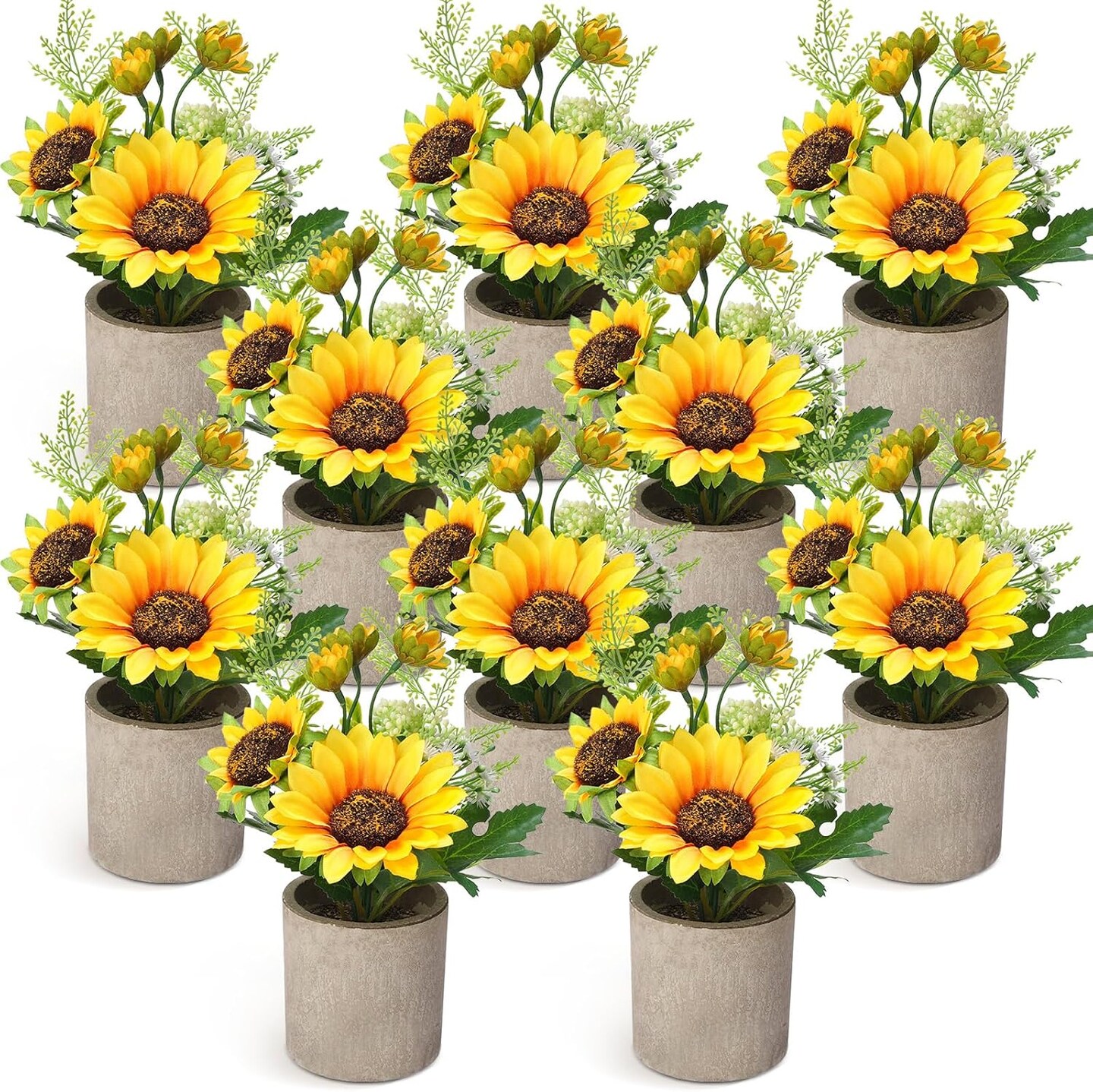 Summer Sunflower Floral Arrangements&#x2013; 10 Pcs Artificial Flowers in Rustic Pots, Faux Sunflower Centerpieces for Seasonal Home &#x26; Kitchen Displays