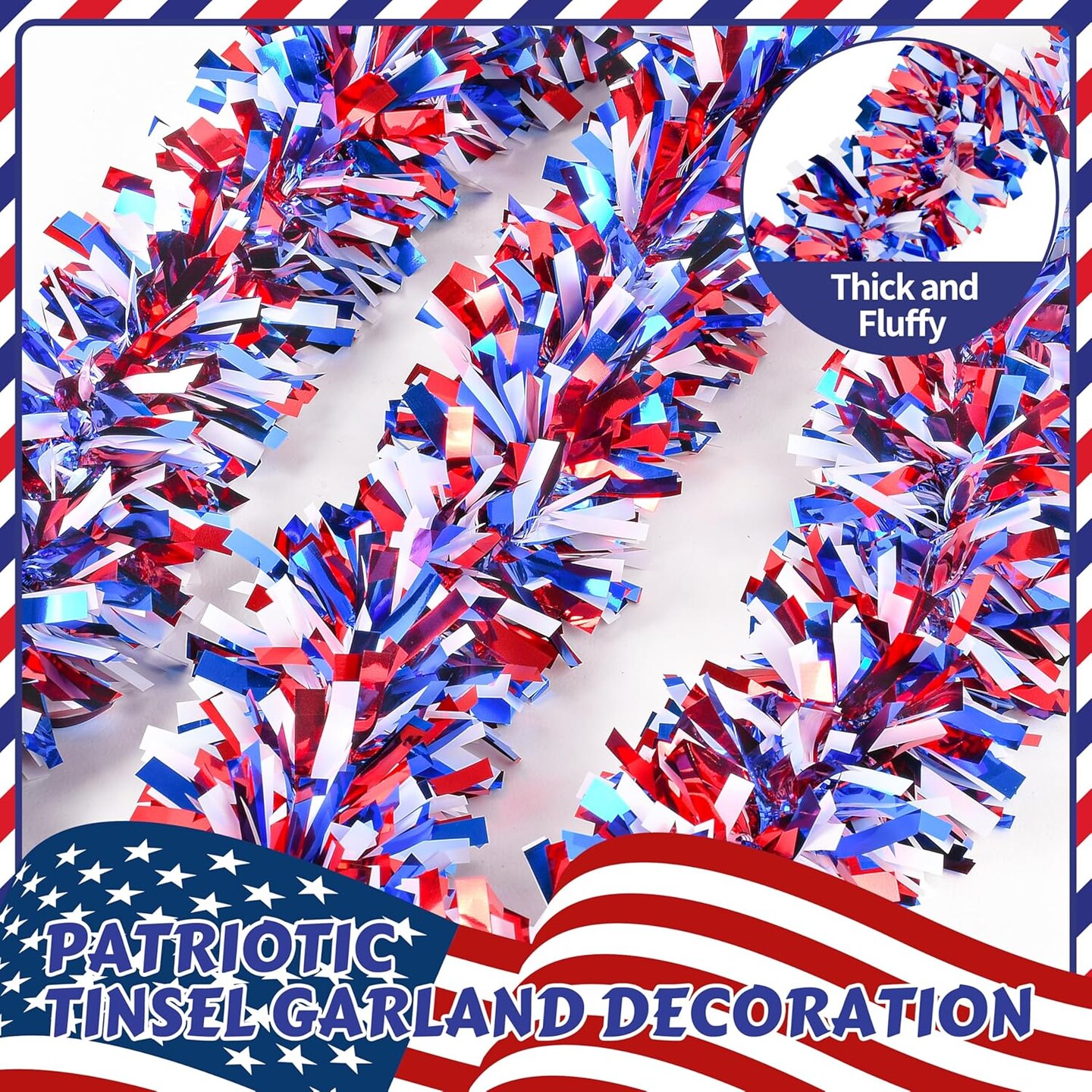 50FT Glitter Tinsel Garlands with Star for 4th of July Decorations