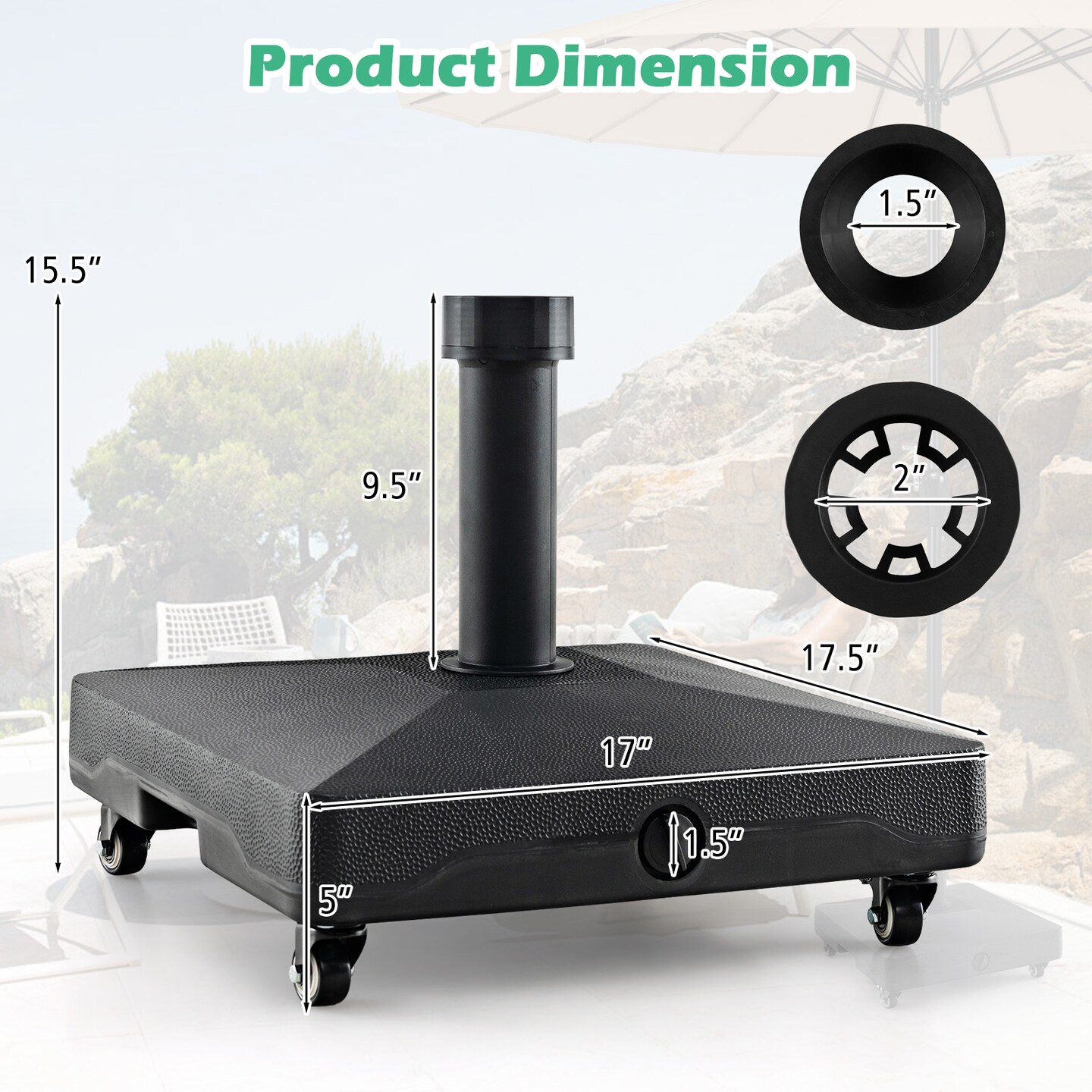Heavy-Duty Mobile Umbrella Base with Wheels &#x2013; Fillable Stand for 1.25&#x22; to 1.9&#x22; Poles
