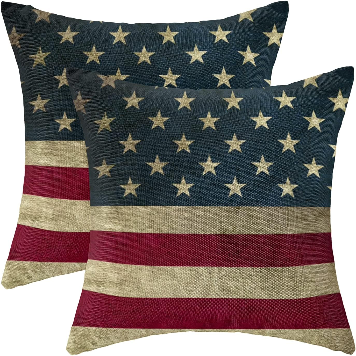 4th of July Pillow Covers 16x16 Set of 2, Patriotic Memorial Day Decorations Throw Pillow Covers Vintage American Flag Outdoors Decorative Linen Cushion Case for Home and Office