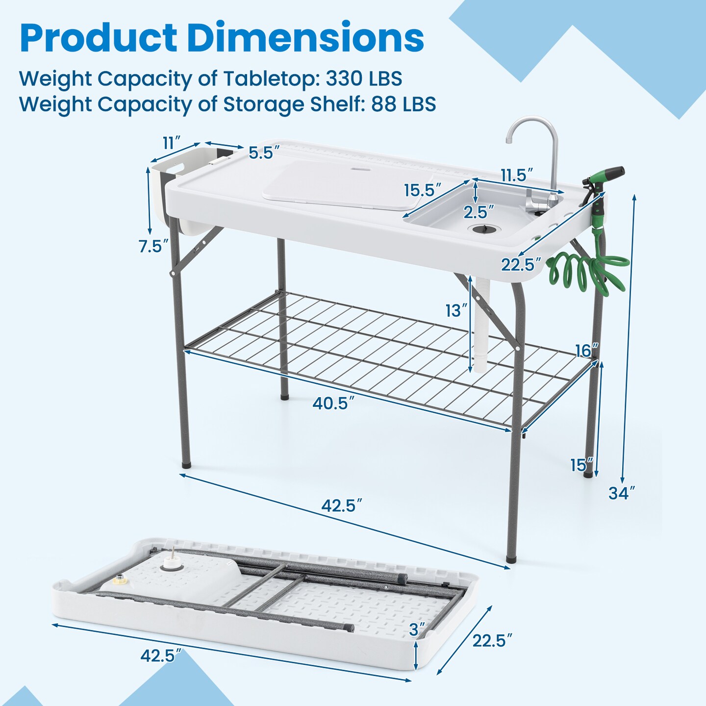 2 in 1 Foldable Fish Cleaning Workstation with Adjustable Drain Hose and Metal Frame