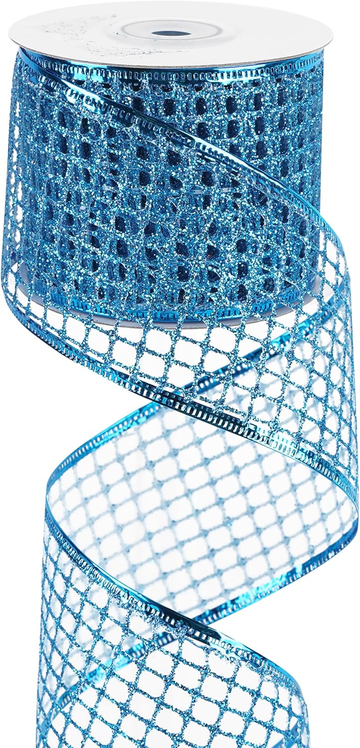 Blue Mesh Netting Ribbon - 2.5 Inch Sparkling Glamour Netted Turquoise Wired Mesh Ribbon