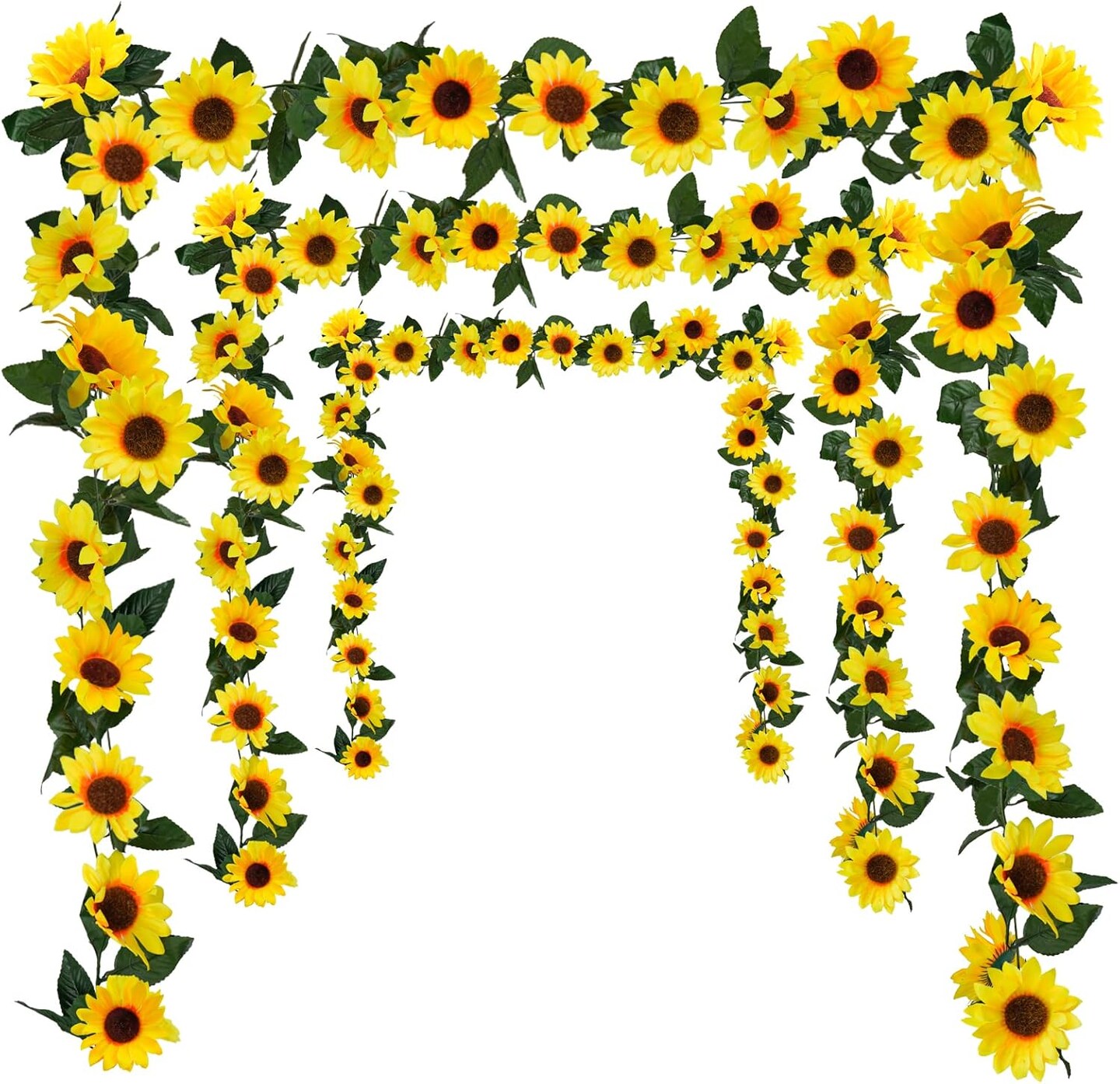 Summer 3 Pack Artificial Sunflower Garland – 7.5ft Silk Sunflowers Hanging Vines with Green Leaves for Room, Kitchen, Garden, and Table Decor