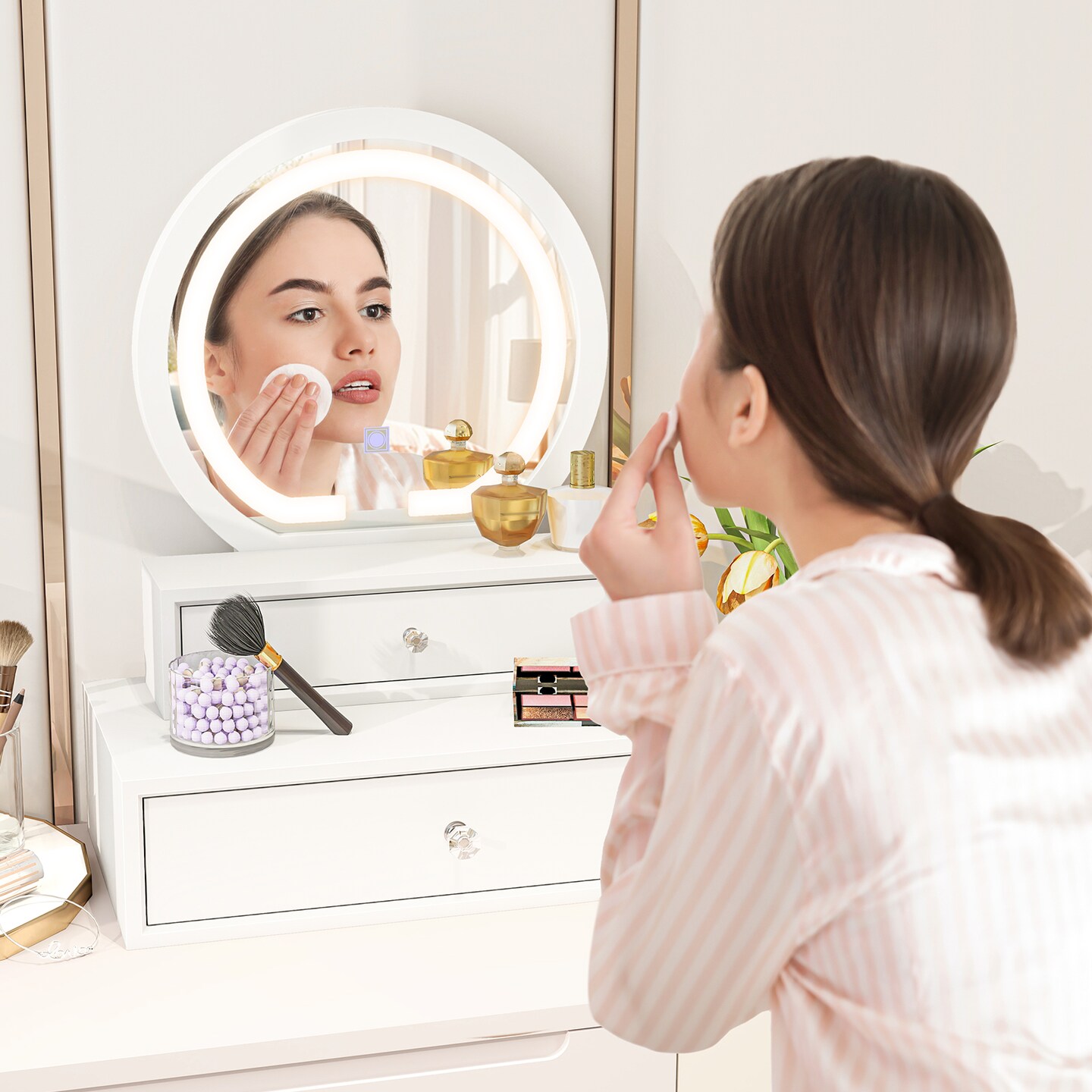 White Vanity Mirror with Storage Space and 3 Modes LED Lights Ideal Gift for Daughters or Friends