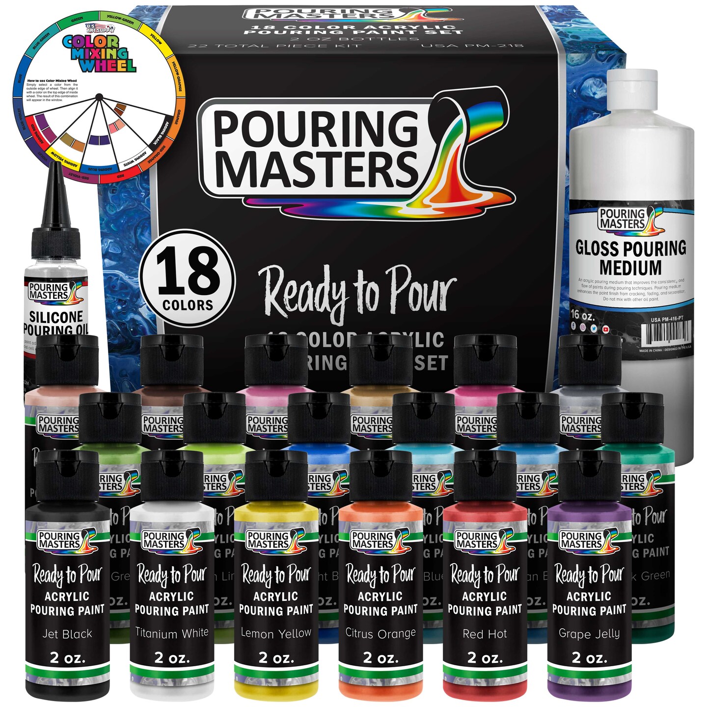 18 Color Metallic Ready to Pour Acrylic Pouring Paint Set, 2oz Bottles, Acrylic Paint Pour Supplies - Silicone Oil &#x26; Gloss Medium, Premium Pre-Mixed High Flow 8-Ounce Bottles