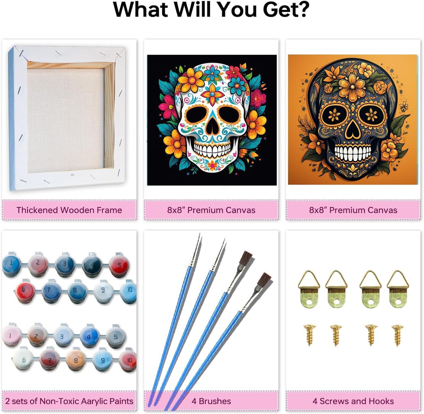 Skull Paint by Numbers Kit for Adults - 2 Pack Halloween Number Painting for Adults - Acrylic Easy Horror Skeleton Painting by Numbers with Frame - Adult Paint by Number Kits 8x8inch