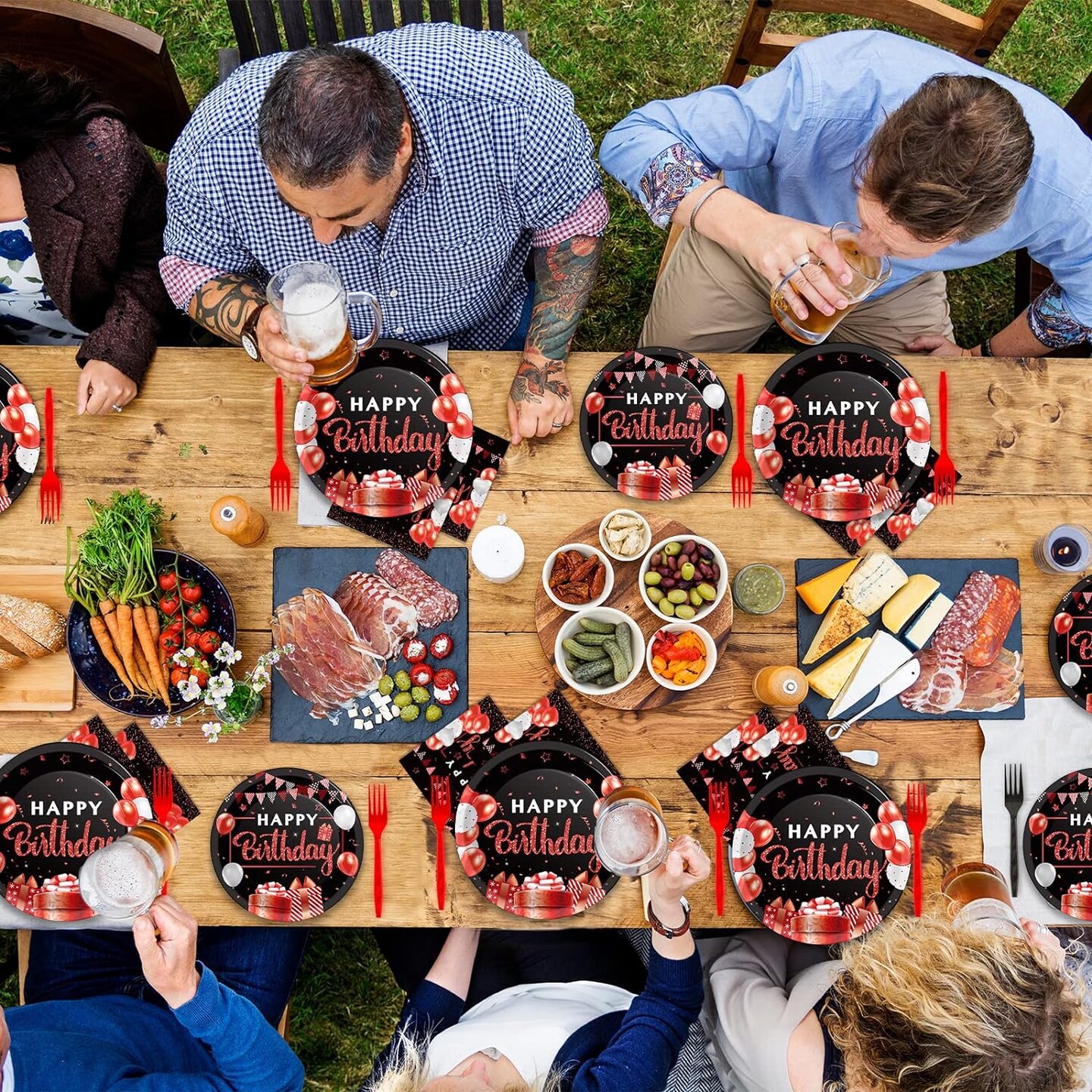 200Pcs Red and Black Birthday Party Tableware Set Confetti Sprinkles Happy Birthday Supplies Red and Black Paper Plates and Napkins Forks for Man and Woman Birthday Party Decorations for 50 Guests