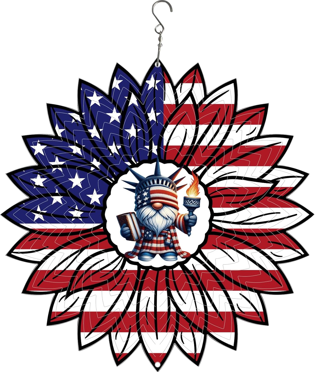 Gnome 4th of July Wind Spinner Hanging Garden Decor Independence Day Yard Garden Metal Spinner Memorial Day Wind Sculptures for Indoor Outdoor Spinning Lawn Ornaments Patriotic Art Kinetic Sculpture