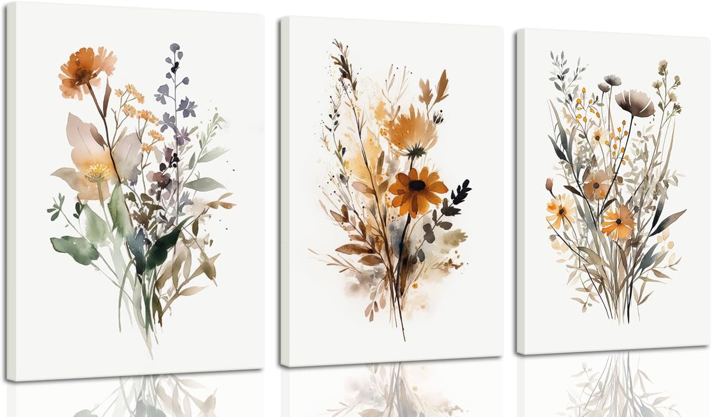 Summer 3 Pcs Framed Floral Plants Wall Decor, Vintage Minimalist Wildflower Picture Posters, Colorful Country Flower Artwork, Abstract Watercolor Landscape Canvas Prints for Garden and Farmhouse Wall Decor