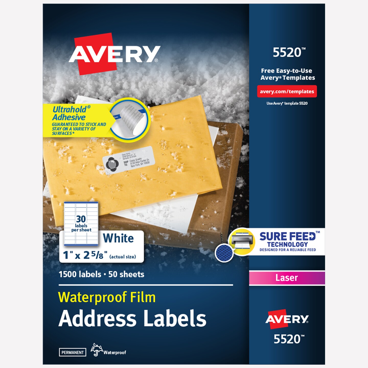 Avery Waterproof Printable Address Labels with Sure Feed, 1&#x22; x 2-5/8&#x22;, White, Ultrahold Permanent Adhesive, Laser Printers, 1,500 Blank Mailing Labels (5520)