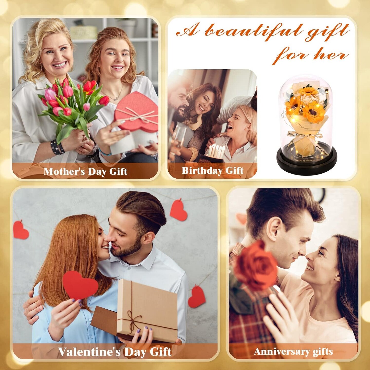Mothers Day Sunflower Gifts for Mom,Flower Rose in Glass Dome with 2 Lighting Mode,Sunflower Gifts for Her,Artificial Forever Flowers Birthday Gifts for Women Mom Wife Girlfriend