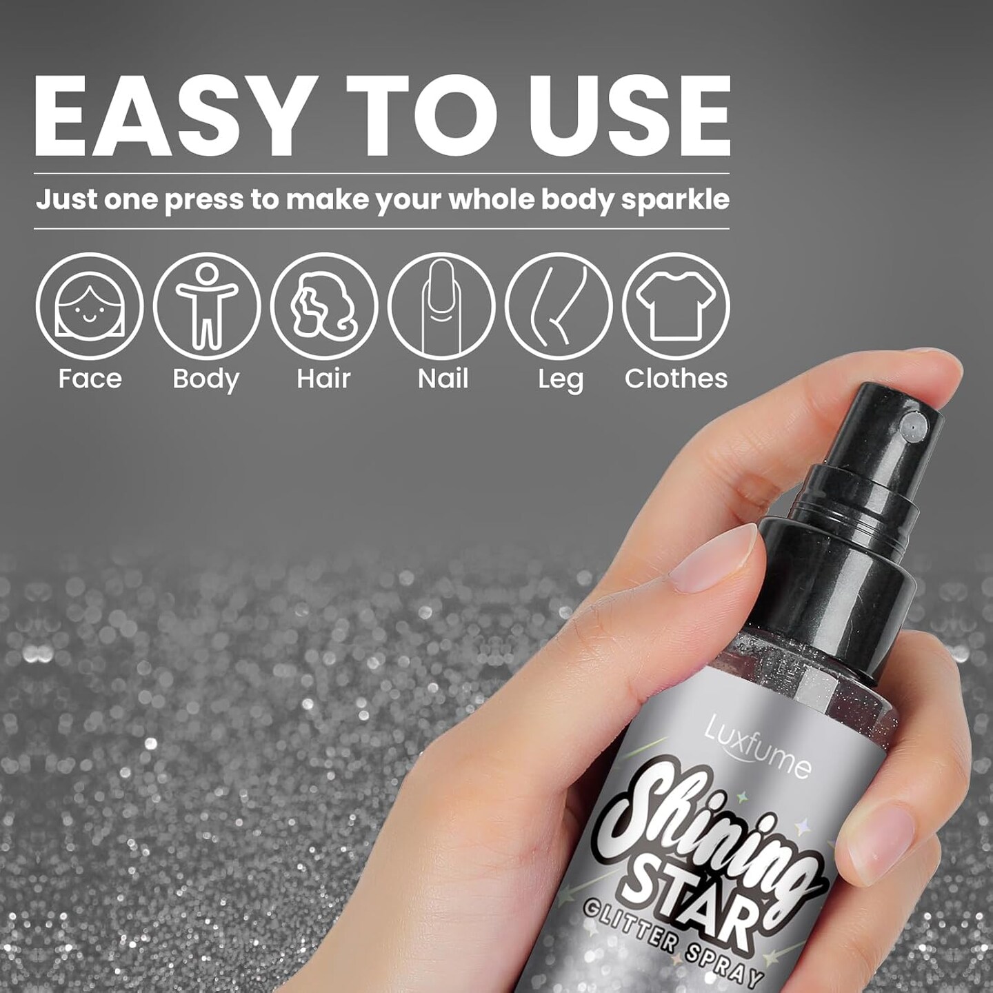 Glitter Spray for Hair and Body,Silver Body Glitter Spray,Quick-Drying and Waterproof Glitter Hairspray,Nozzles are not Easily clogged&#xFF0C;Long-Lasting Body Shiny Spray for Stage Makeup, 3.38Oz