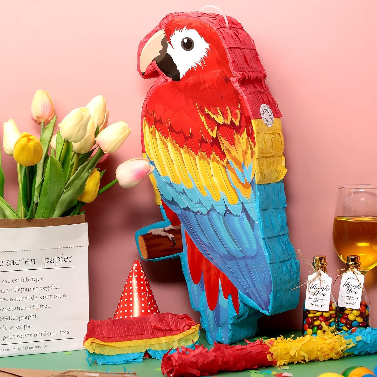 Small Parrot Pi&#xF1;ata Hawaiian Party Supplies Parrot Pi&#xF1;ata Bird Toy with Blindfold Stick for Luau Hawaii Summer Rainforest Tropical Pirate Theme Birthday Decorations