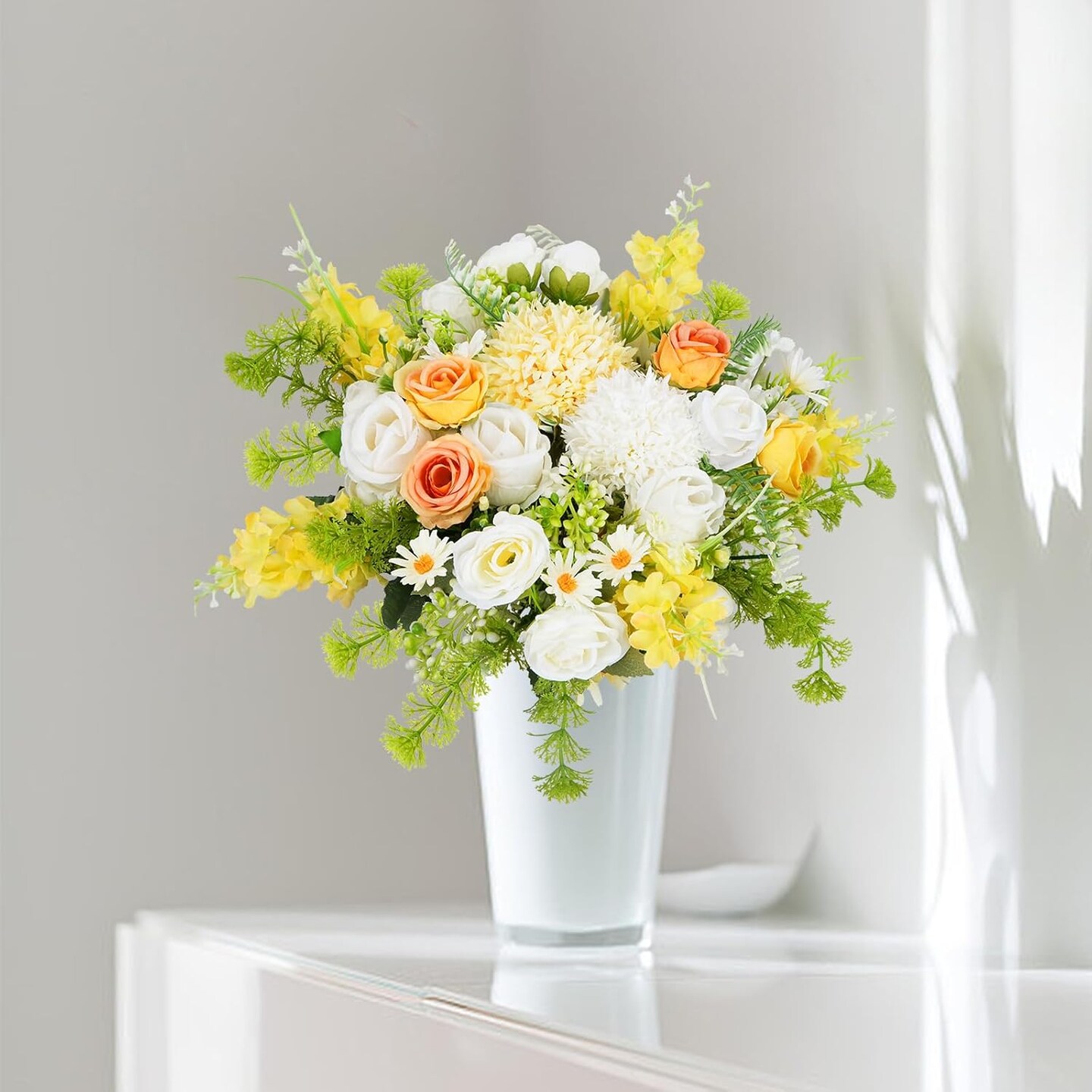 8Pcs Artificial Silk Rose Bouquet Yellow with Faux Lilac Floral Arrangements, White Flowers Picks for Home Table Centerpieces Summer Decorations