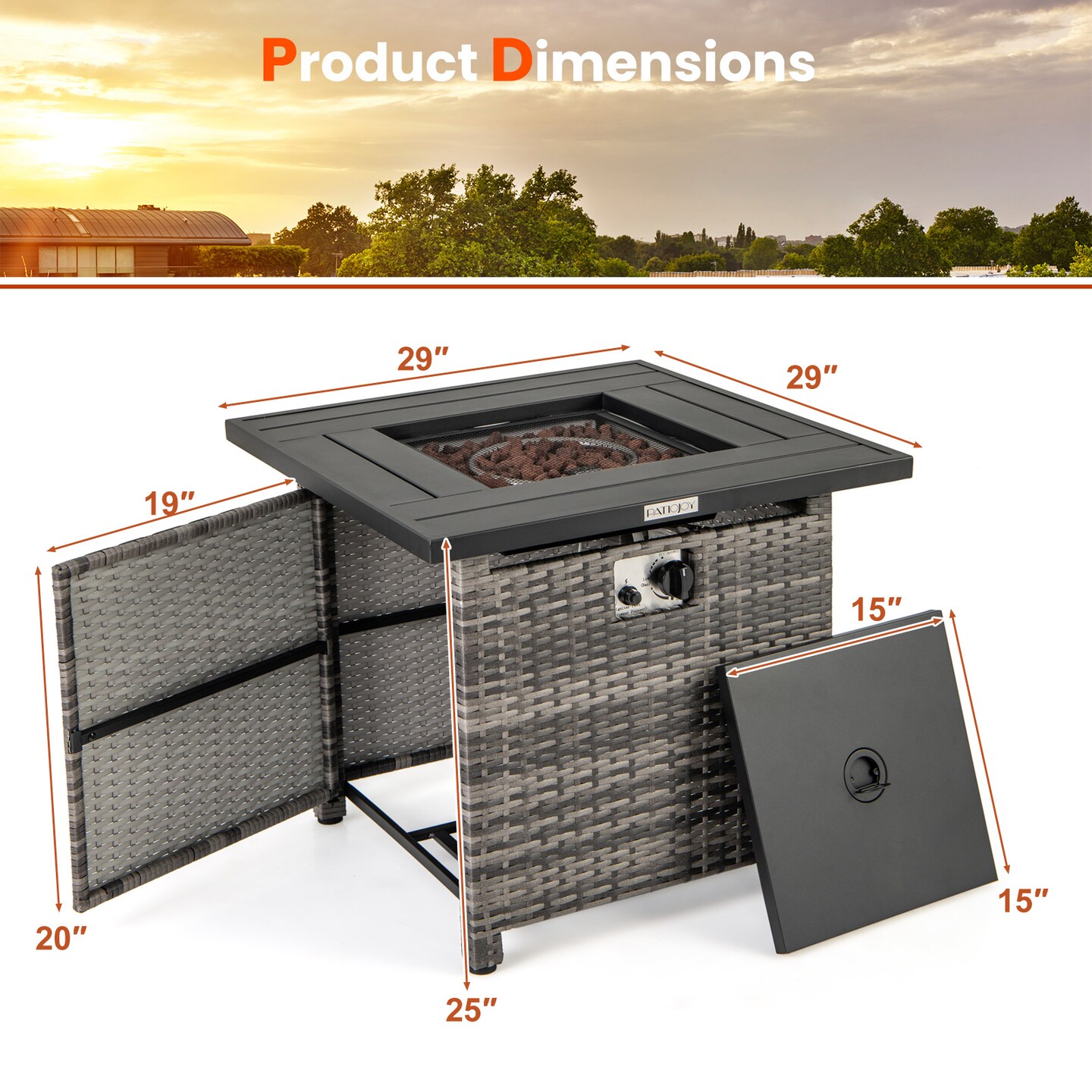 Grey Rattan Fire Pit Table with Lid &#x2013; 50,000 BTU and Convertible