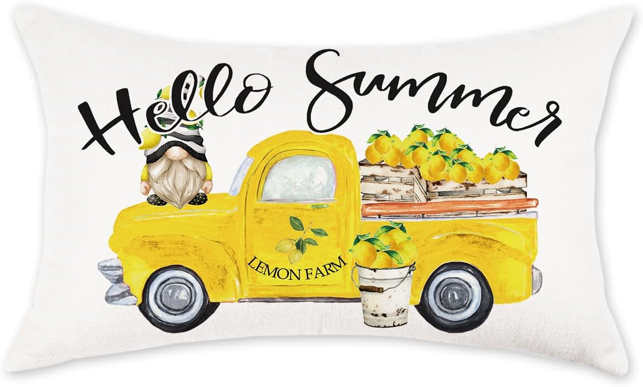 Hello Summer Throw Pillow Cover 12x20 Inch Yellow Truck Lemon Gnome Decorative Pillowcase Farmhouse Seasonal Lumbar Cushion Case for Sofa Couch Porch Home Decor