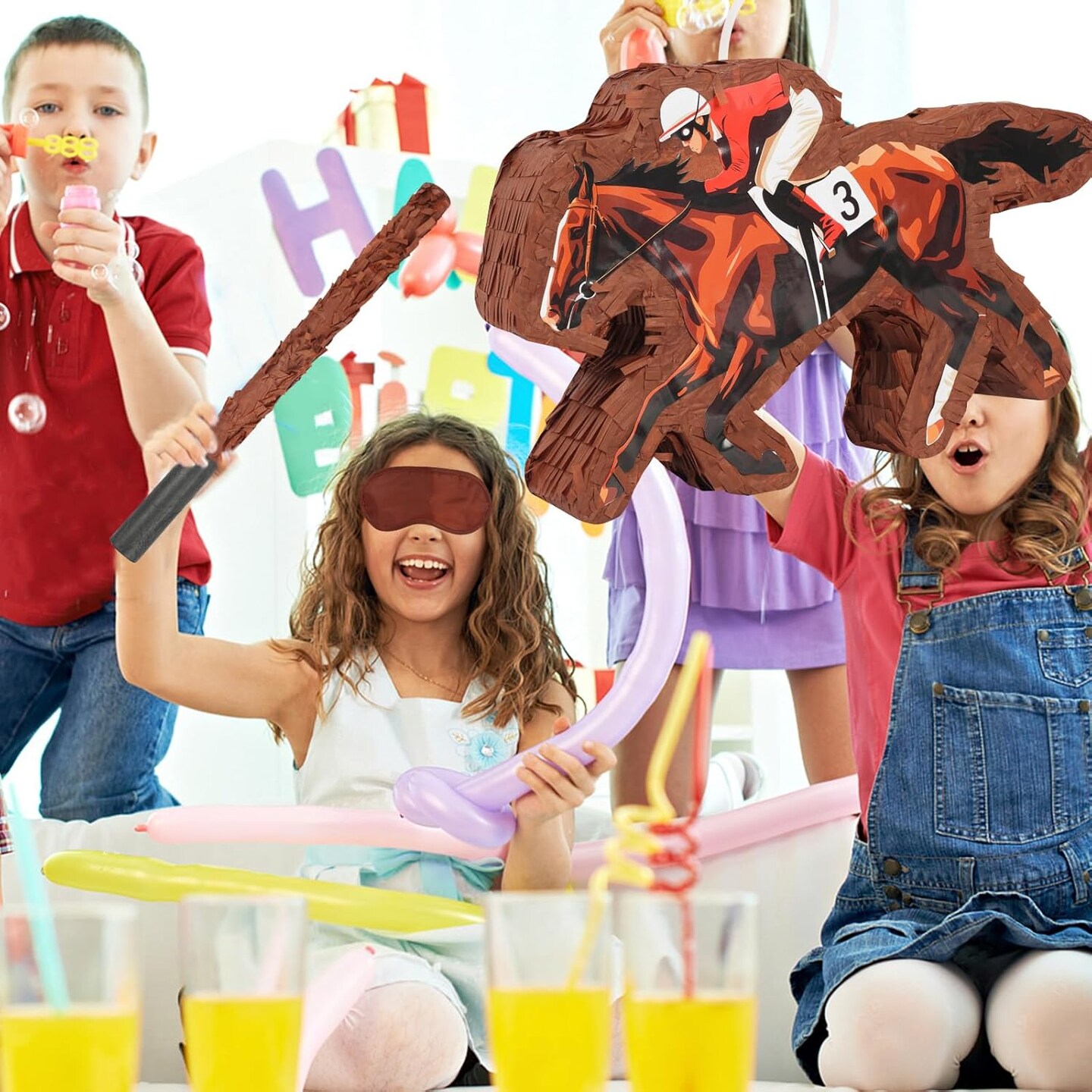 Horse Racing Pi&#xF1;ata - Horse Race Pi&#xF1;ata with Bat and Blindfold for Boys Kids Kentucky Derby Horse Birthday Party Game Decorations (16.5&#x201D;x10&#x201D;x3&#x201D;)