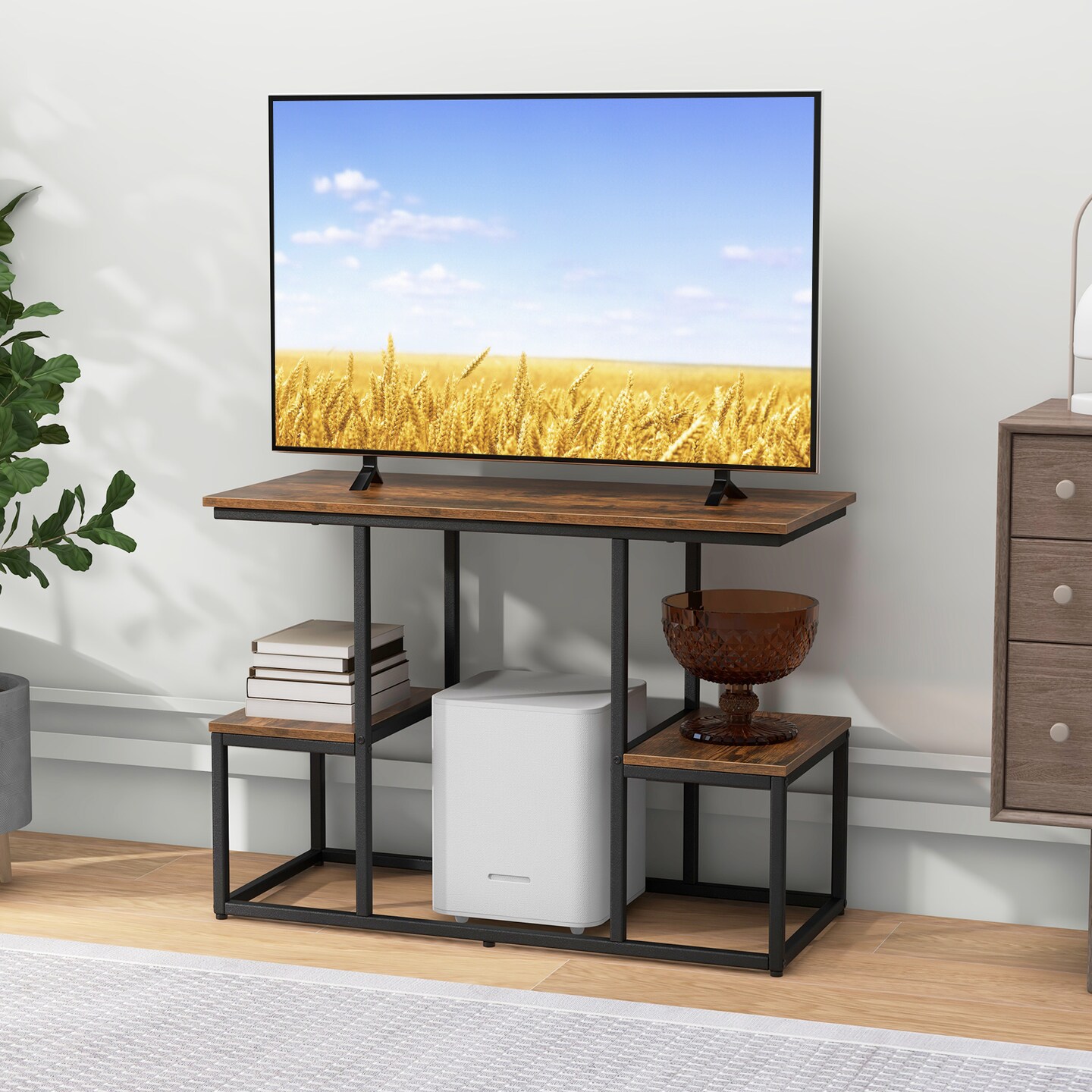 Rustic Brown Wood TV Stand for 50&#x22; TVs, Metal Frame and Storage Shelves