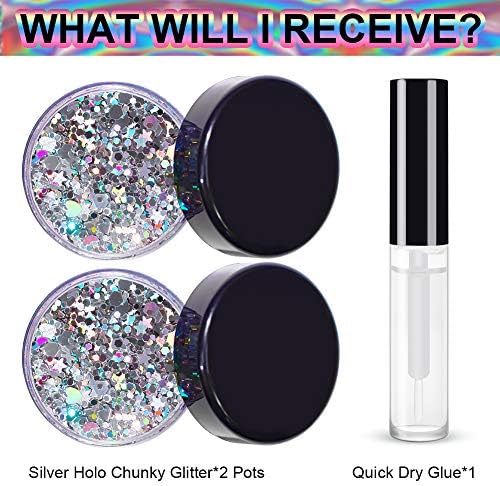 Silver Holographic Chunky Glitter Cosmetic Body Hair Face Eye Nail for Festival Carnival Concert Party Beauty Rave Accessories Different Sizes&#x26;Shapes 2 Pots 14g/0.5oz+ Quick Dry Primer Glue Gel