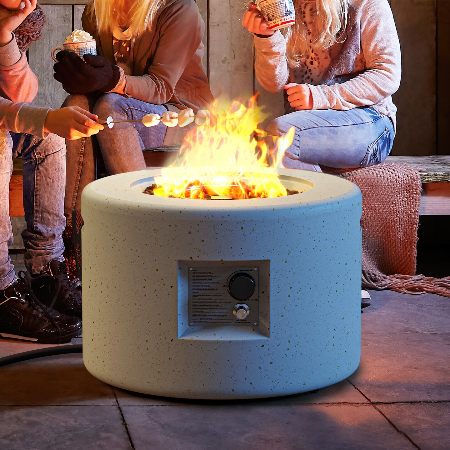 White Terrazzo Fire Pit Table with Propane Tank Holder and 40,000 BTU