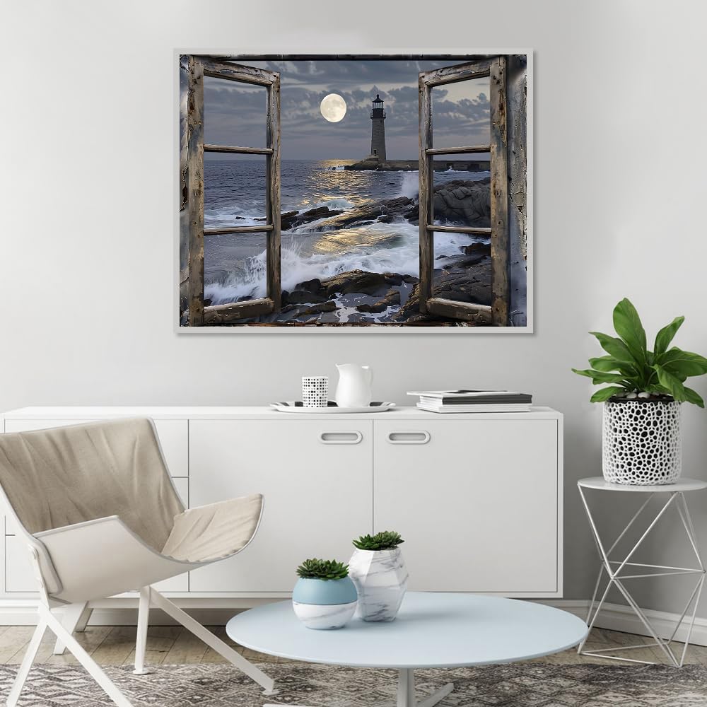 Paint by Numbers Kit for Adults- Lighthouse Adult Paint by Number Kits on Canvas for Beginners, DIY Beach Scene Acrylic Oil Number Painting Kits for Home Wall Decor 16"x 20" (Without Frame)