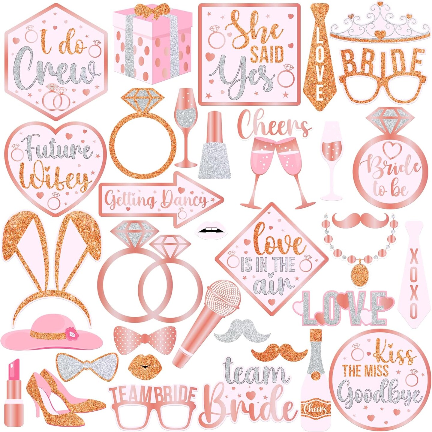 Bachelorette Photo Booth Props Set - Pack of 35 | Rose Gold Bridal Shower Photo Booth Props for Bridal Shower Decorations | Bachelorette Party Photo Props for Bachelorette Party Decorations