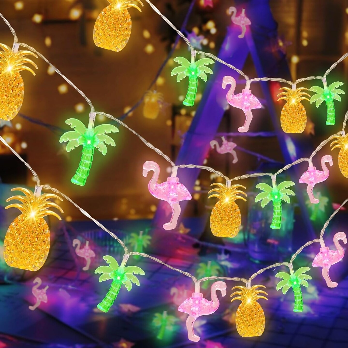 30 LED Tropical Summer String Lights &#x2013; 16Ft Flamingo, Pineapple &#x26; Palm Tree Fairy Lights with 8 Modes &#x26; Timer &#x2013; Battery Operated Beach, Pool &#x26; Luau Party Decor