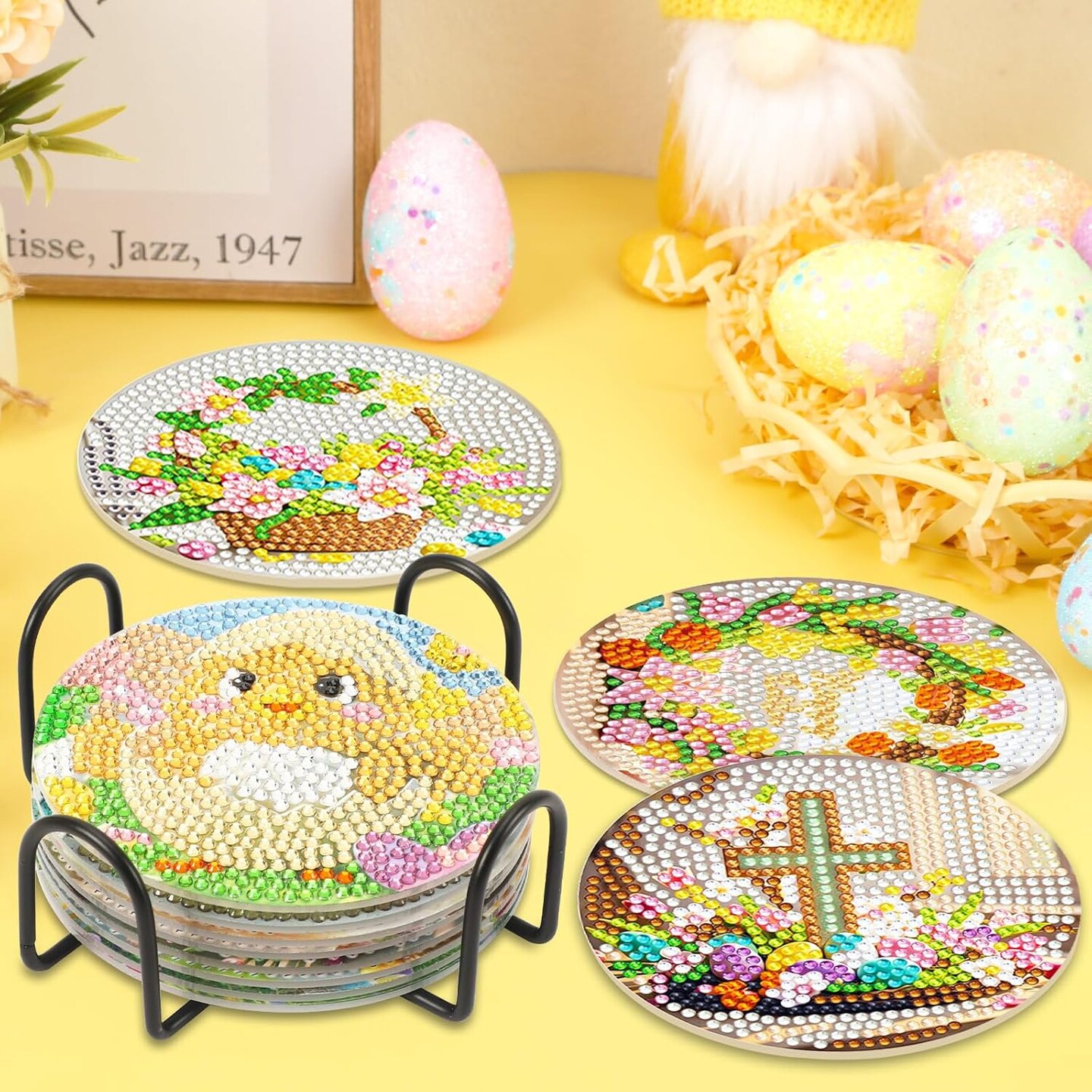 8 Pieces Easter Diamond Art Coasters,Bunnies Diamond Art Coaster for Adults Diamond Kits Supplies for Spring Easter Gift