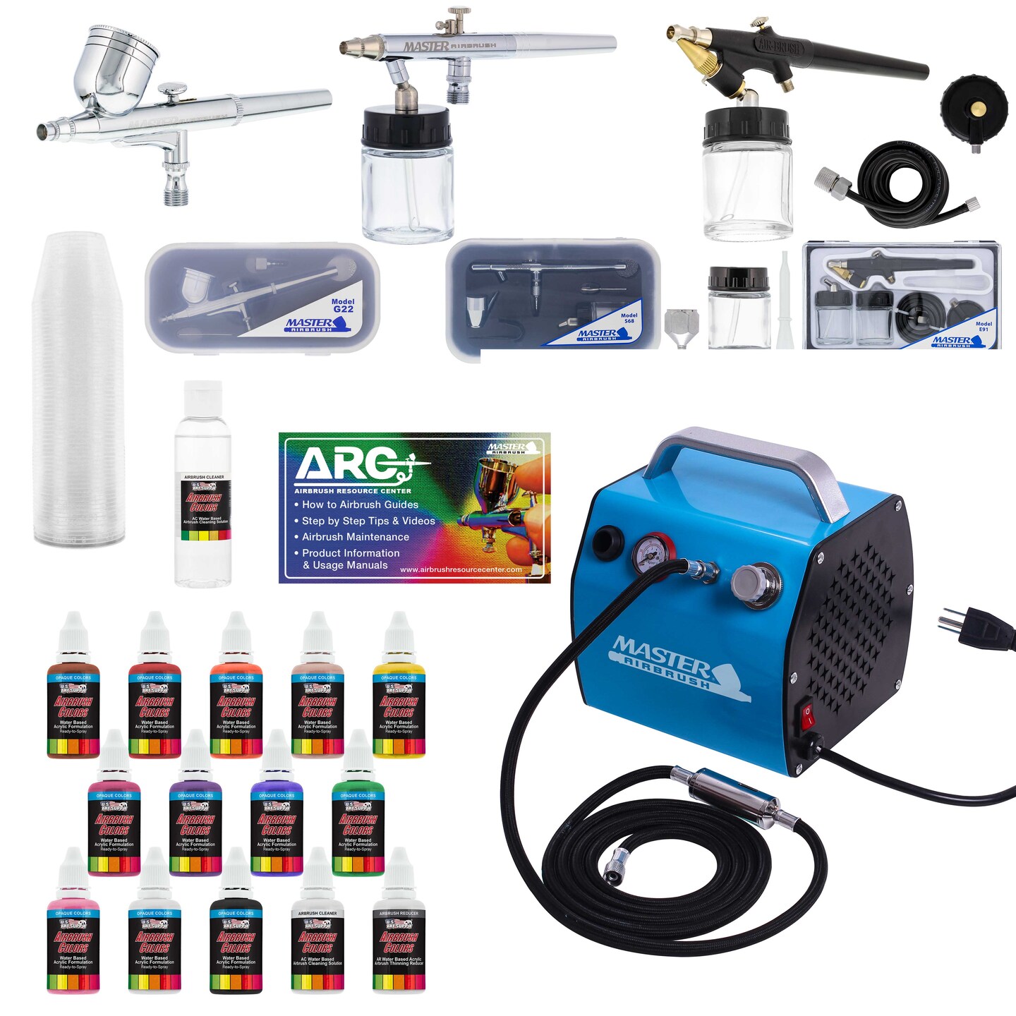 Professional 3 Airbrush Kit with High Performance Compact Airbrush Compressor, Air Hose, 12 Color Airbrush Paint Set with Cleaner &#x26; Paint Reducer