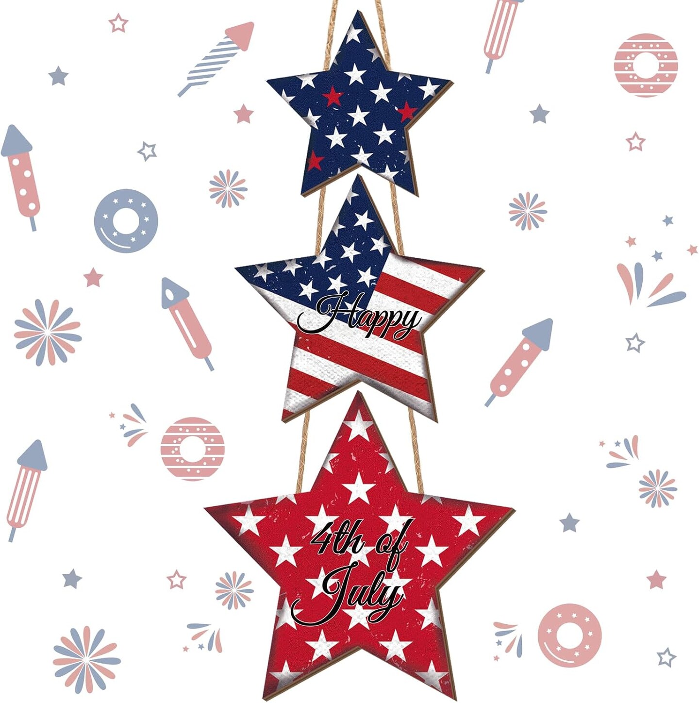 4th of July Door Sign Decorations Patriotic Star Wooden Signs Independence Day Welcome Hanging Sign Memorial Day Door Hanger American Flag for Front Door Porch Wall Decor