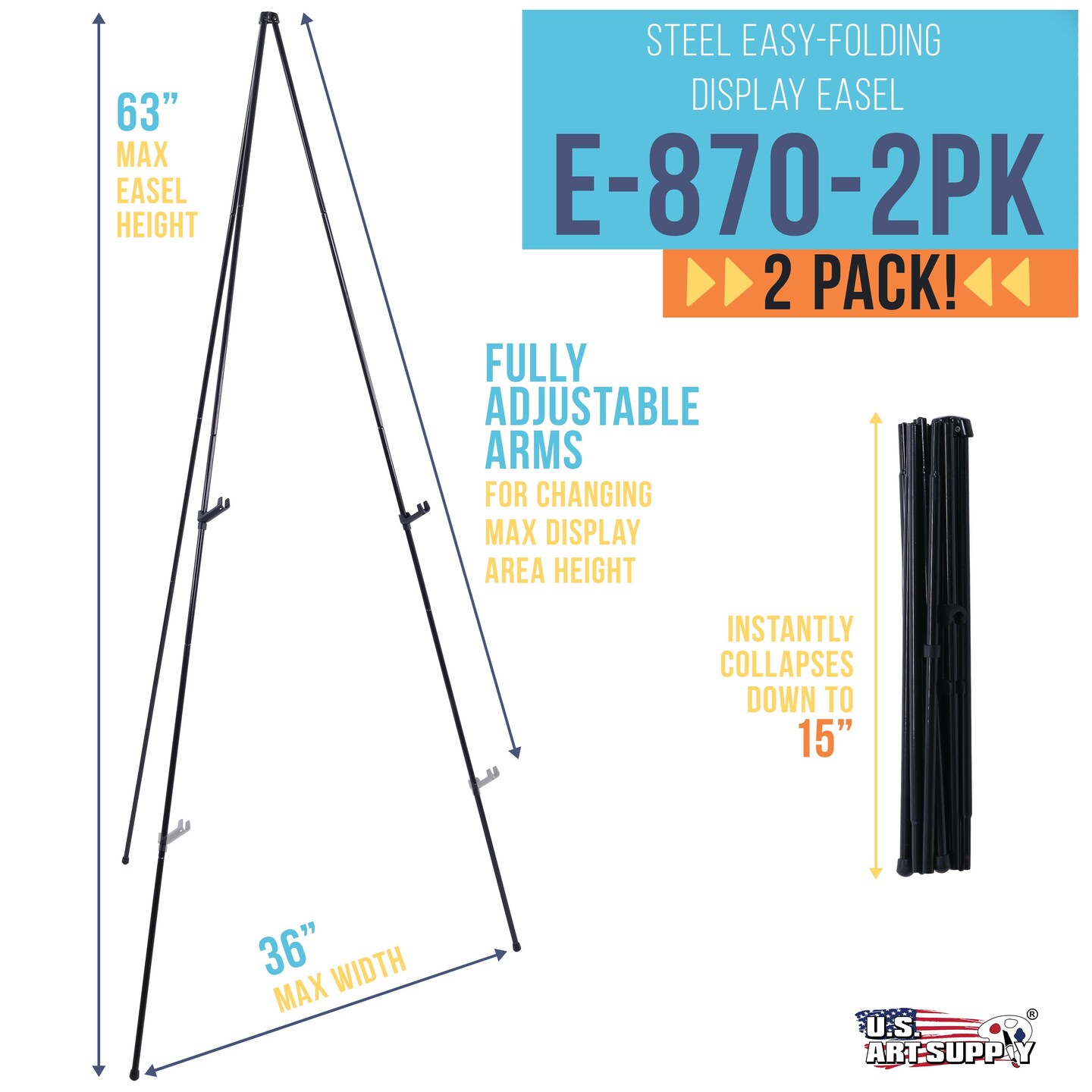 63&#x22; High Metal Folding Display Easel (2 Pack) - Adjustable Height, Instantly Collapses, Holds 5 lbs - Portable Art Easel Stand - For Sign, Poster, Canvas, Painting, Picture Display