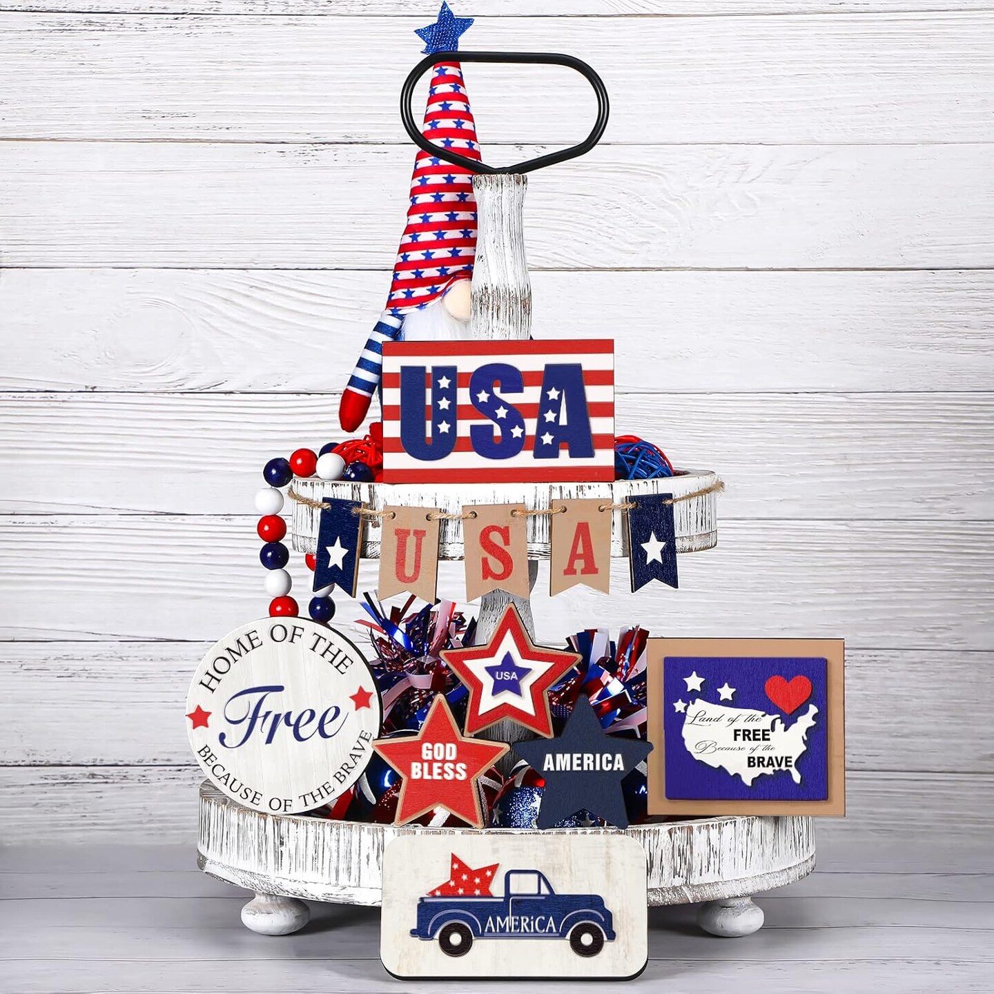 Patriotic Tiered Tray Decor Set 4th of July Tabletop Decor Memorial Day Decorations Red White Blue Wooden Sign Farmhouse Independence Day Centerpieces American Flag USA Decor(Classic Style)
