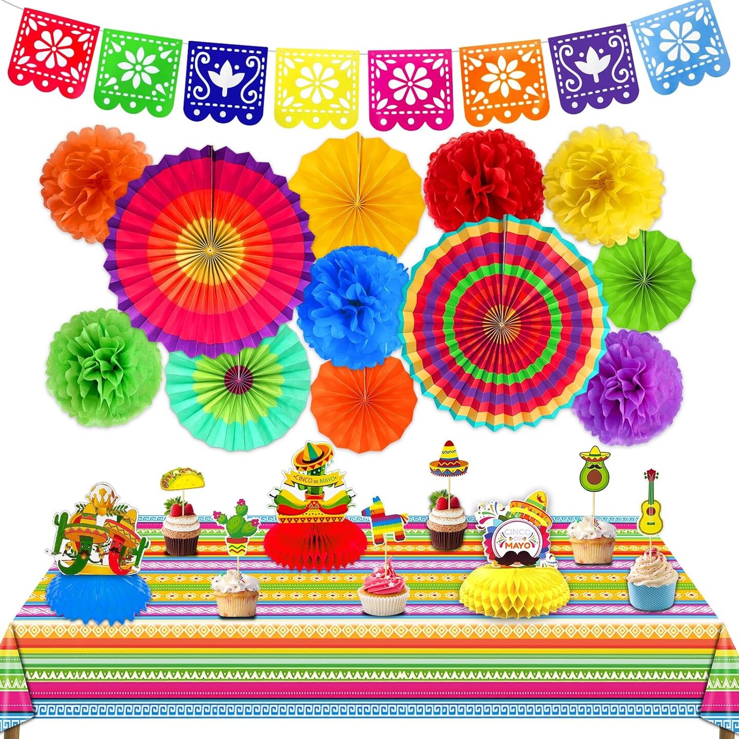 6 Varieties 23 Pcs Cinco De Mayo Fiesta Party Decorations, Mexican Themed Party Supplies Paper Fans Pom Poms Banner Table Runner Honeycomb Table Decor Cupcake Toppers for Taco Tuesday Luau Party Favor