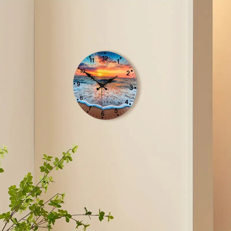 12-Inch Beach-Themed Blue Glass Wall Clock – Frameless Silent Battery Operated, Tempered Glass Design with Analog Display (1x AA Battery Required)