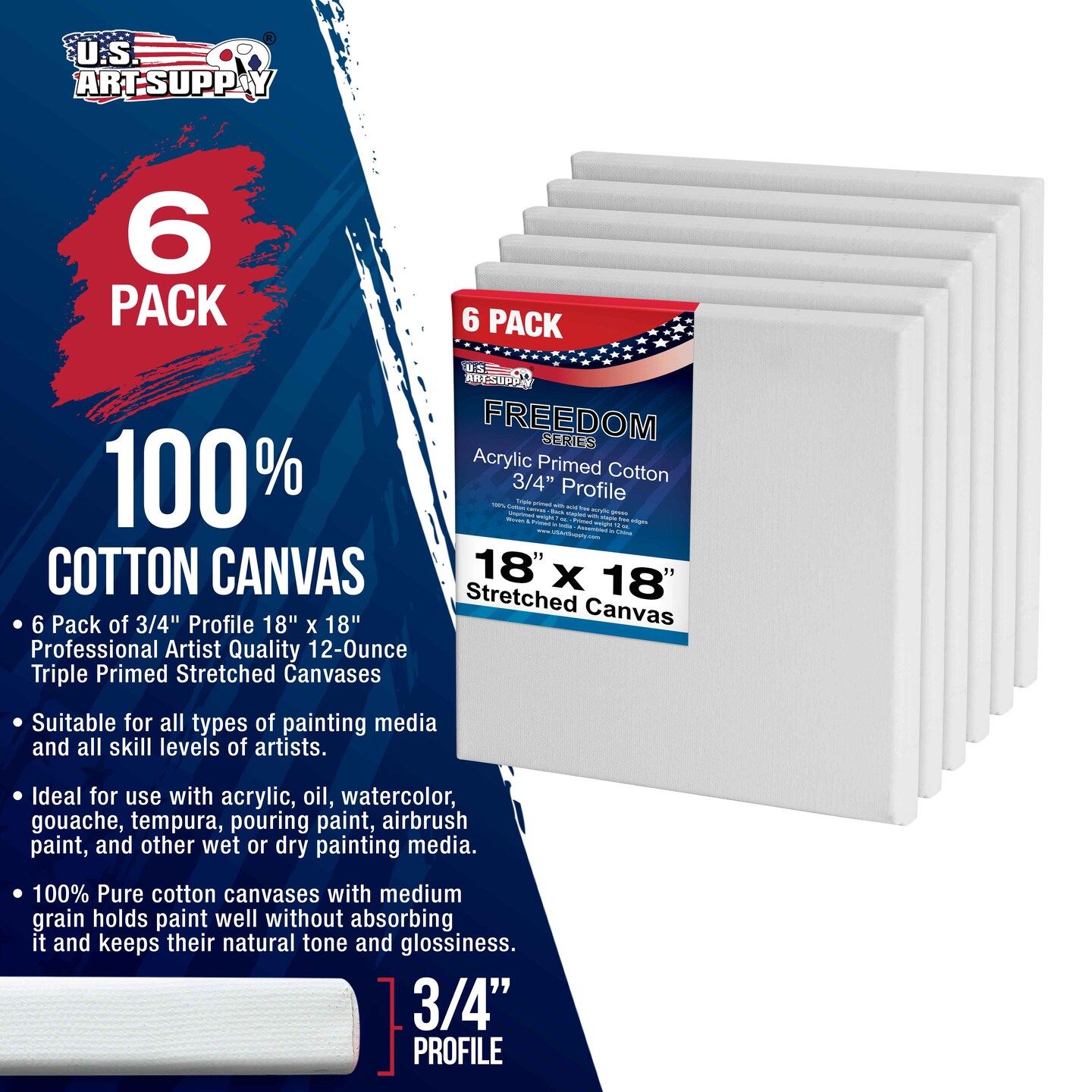 18 x 18 inch Stretched Canvas 12-Ounce Triple Primed, 6-Pack - Professional Artist Quality White Blank 3/4&#x22; Profile, 100% Cotton, Heavy-Weight Gesso