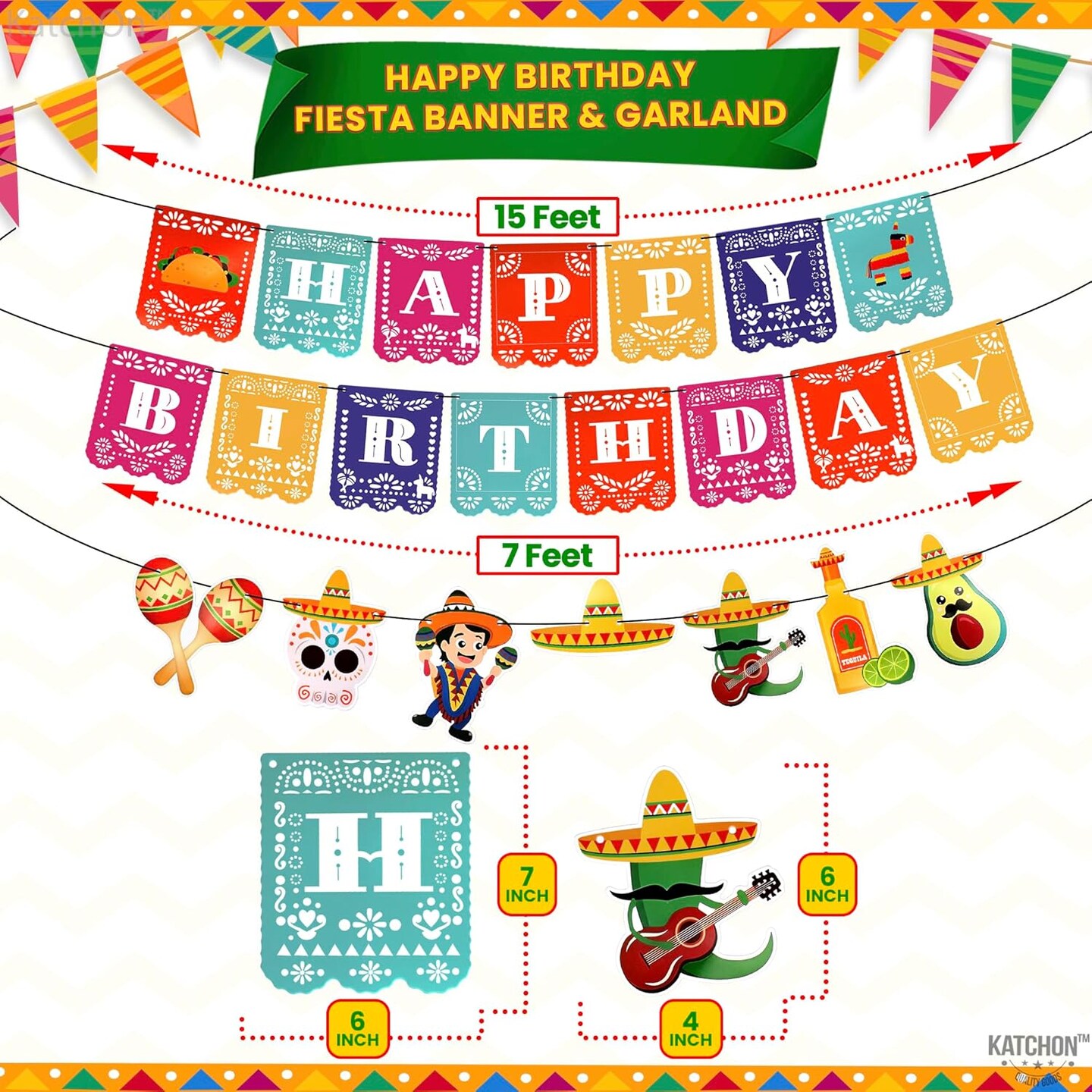 Fiesta Happy Birthday Banner - 15 feet, 3 String | Cinco De Mayo Theme, Mexican Fiesta Pinata Sombrero Garland for Mexican Birthday Party Decorations | Mexican Banner Fiesta Party Decorations