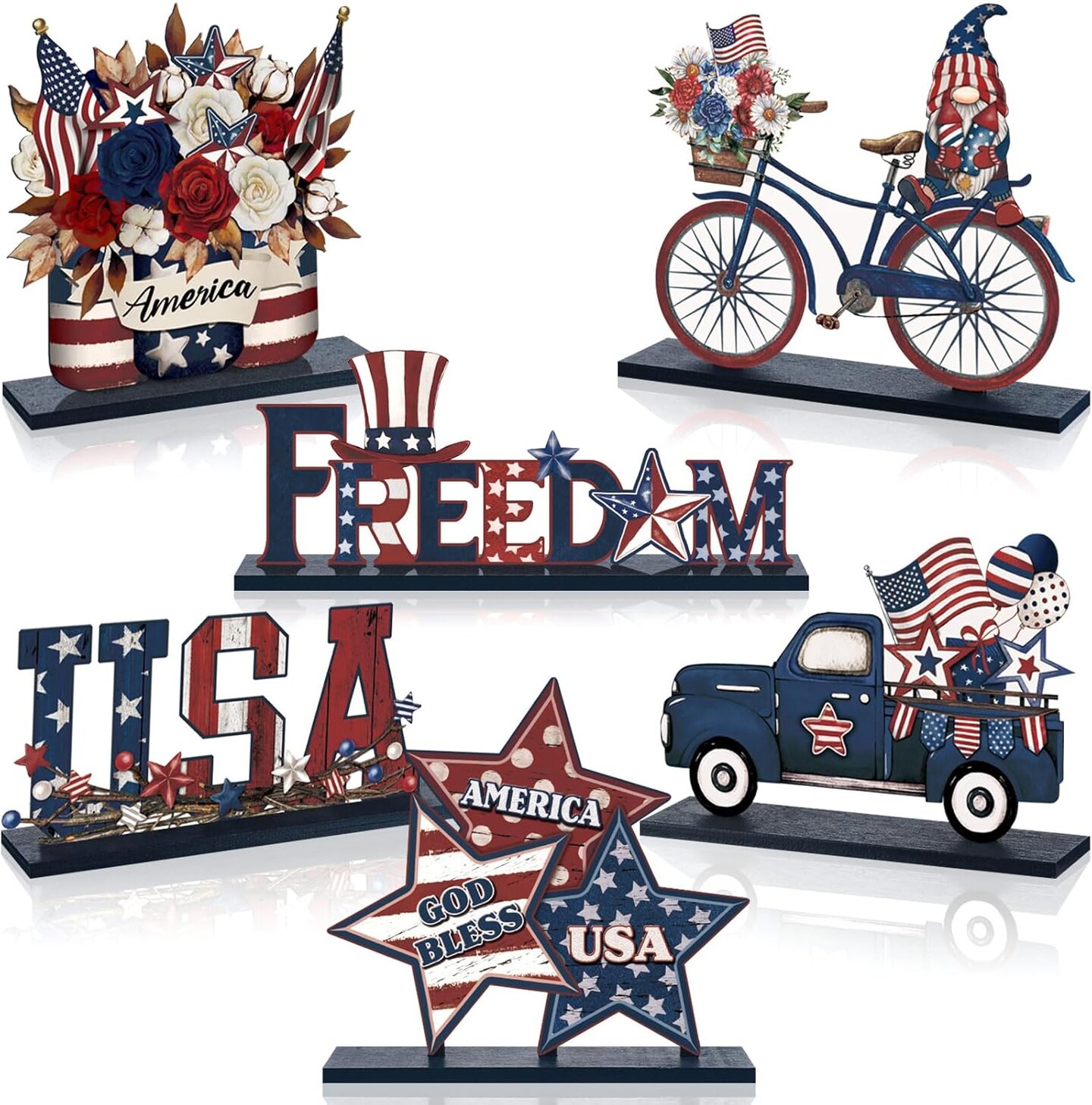 6 Pcs Memorial Day Wooden Table Decor Patriotic Wood Sign Tabletop Centerpiece Rustic USA Star Decorations for Office Desk Farmhouse Home Kitchen Tiered Tray Decor Shelves Table Decorations