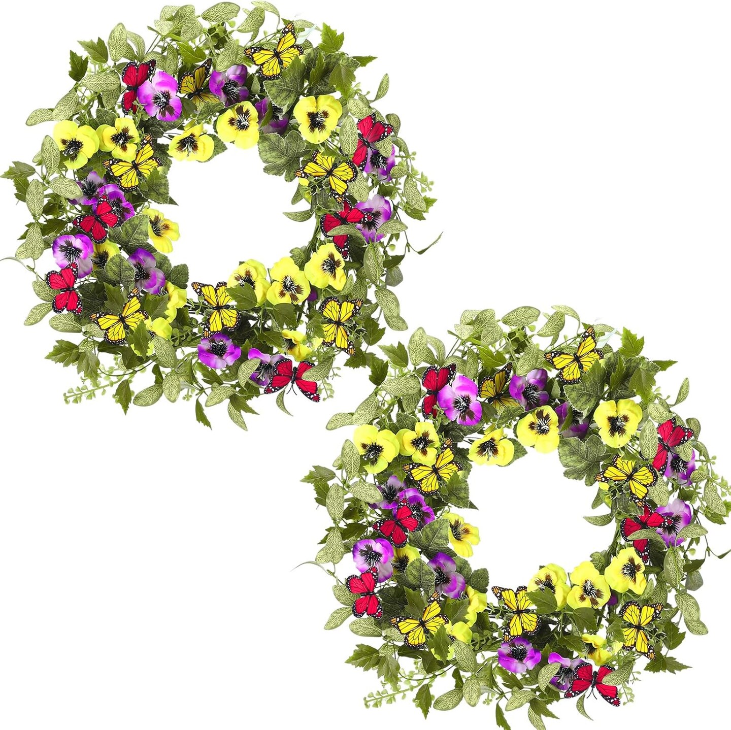 2 Pcs Summer Door Wreaths for Front Door &#x2013; 22&#x27;&#x27; Artificial Yellow and Purple Pansy Wildflower Wreaths for Indoor and Outdoor Home Decor